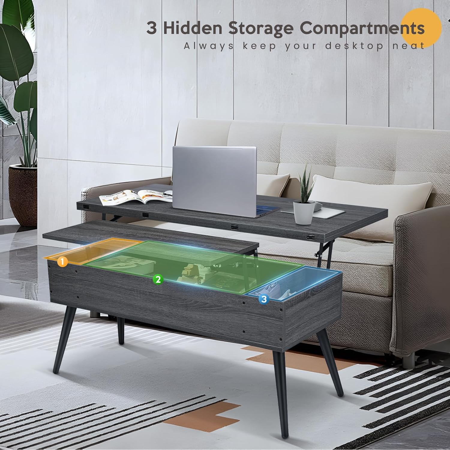 Mesa de centro elevable de 41.7 pulgadas, mesa de elevación multifunción 3 en 1 con almacenamiento, mesa de centro se convierte en mesa de comedor
