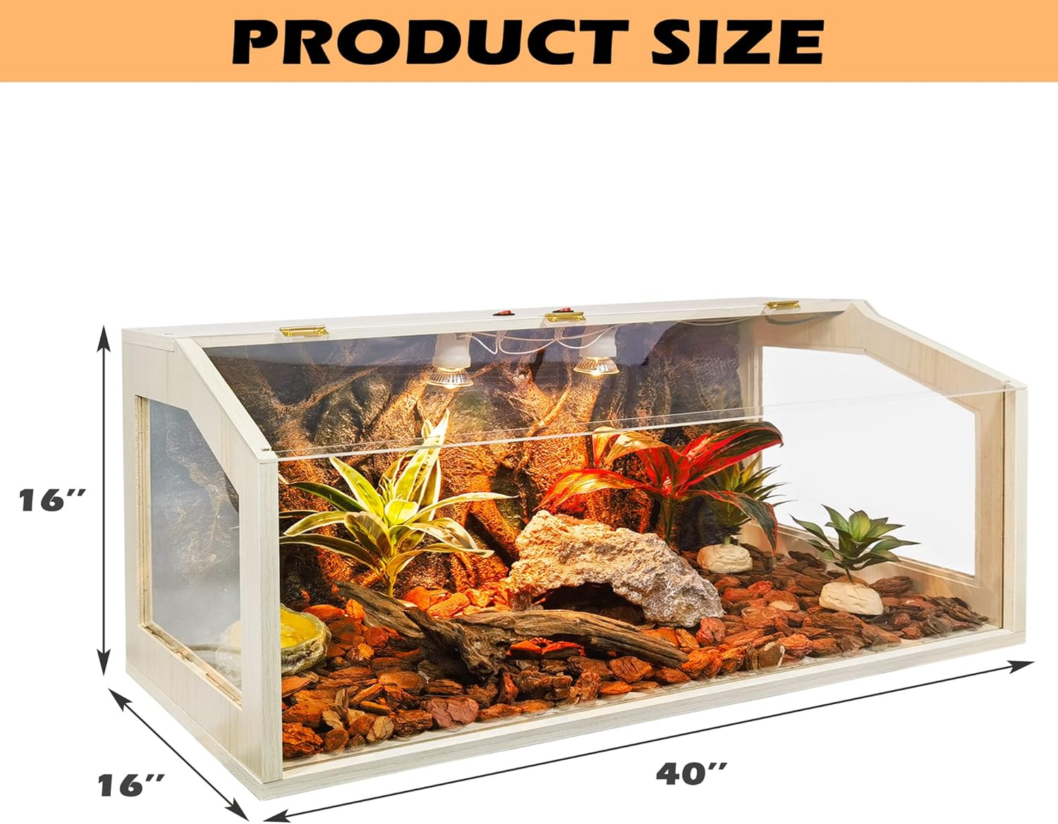 Terrario de reptiles de 37 galones, tanque de dragón barbudo mejorado, tanque de lagarto, lámpara e interruptor integrados, tanque de serpiente, 40