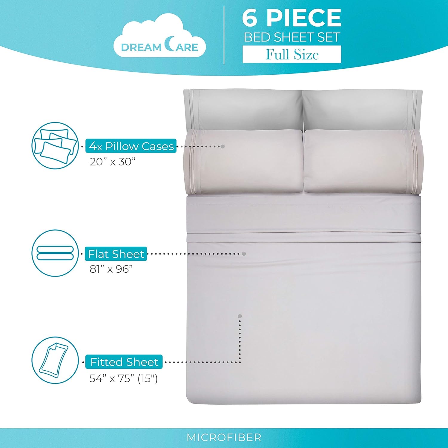 DREAMCARE – Juego de sábanas de tamaño matrimonial, 6 piezas, refrescantes, suaves y duraderas, de 100% poliéster de microfibra de cepillado fino,