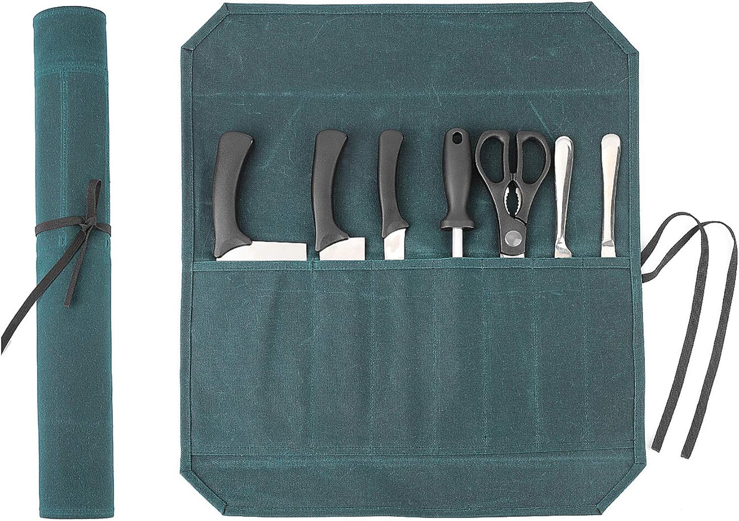 Denifiter Bolsa de lona encerada resistente para cuchillos de chef con 7 ranuras, impermeable y duradera (verde oscuro)