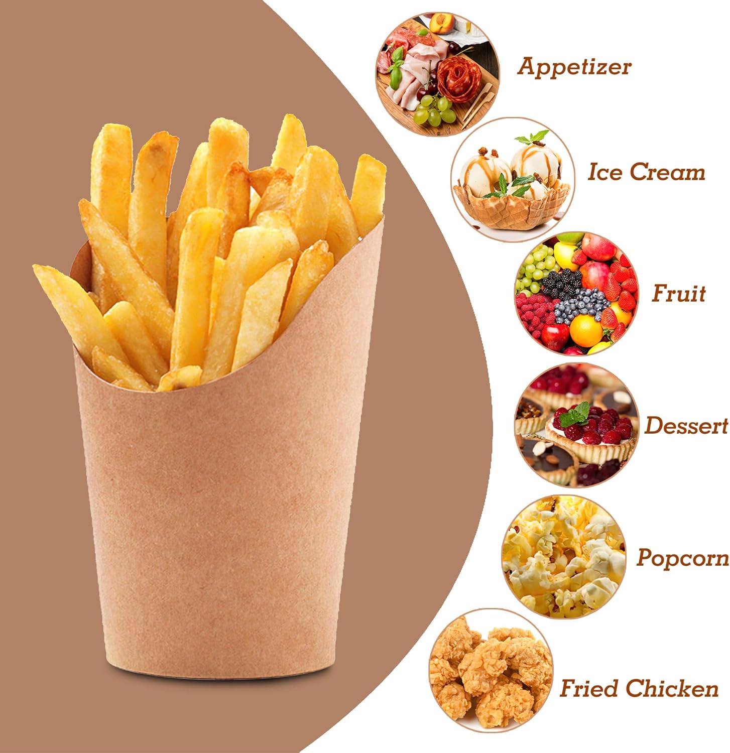 MOLFUJ Soporte para papas fritas de 14 onzas, 50 tazas de papel kraft de papel de estraza desechables, mini cajas de servir de fiesta marrón para