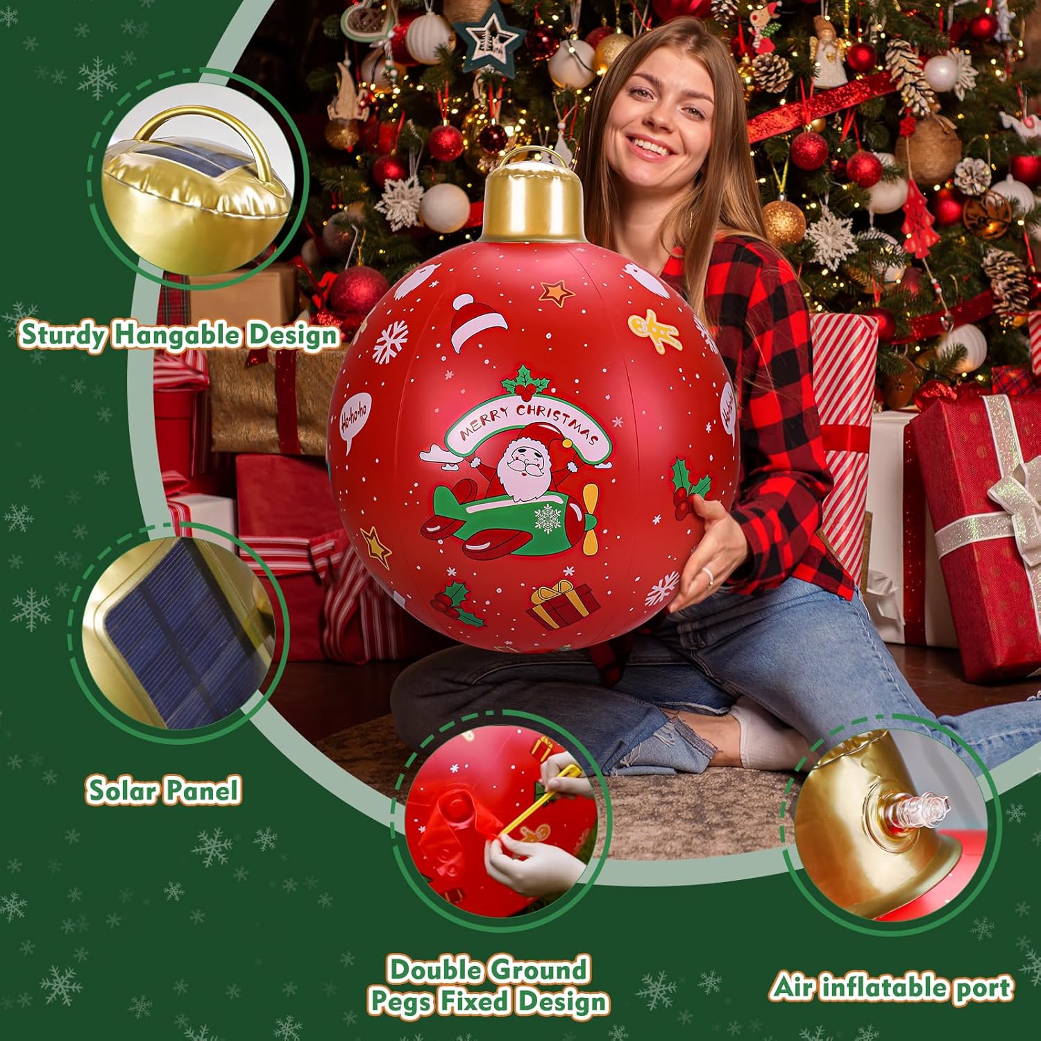 JOSEN Bola de Navidad inflable con luz solar, PVC, decoración de Navidad al aire libre, 24 pulgadas, adornos inflables grandes de Navidad gigantes