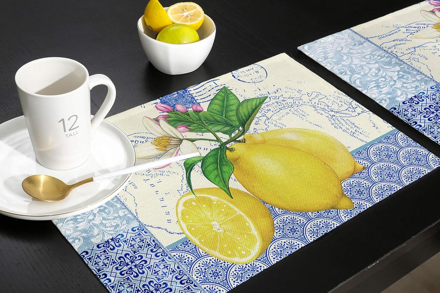 Manteles individuales de mesa, Summer Farm Limón, vintage, azul y blanco, porcelana, algodón, lino, reutilizables, antideslizantes, con aislamiento