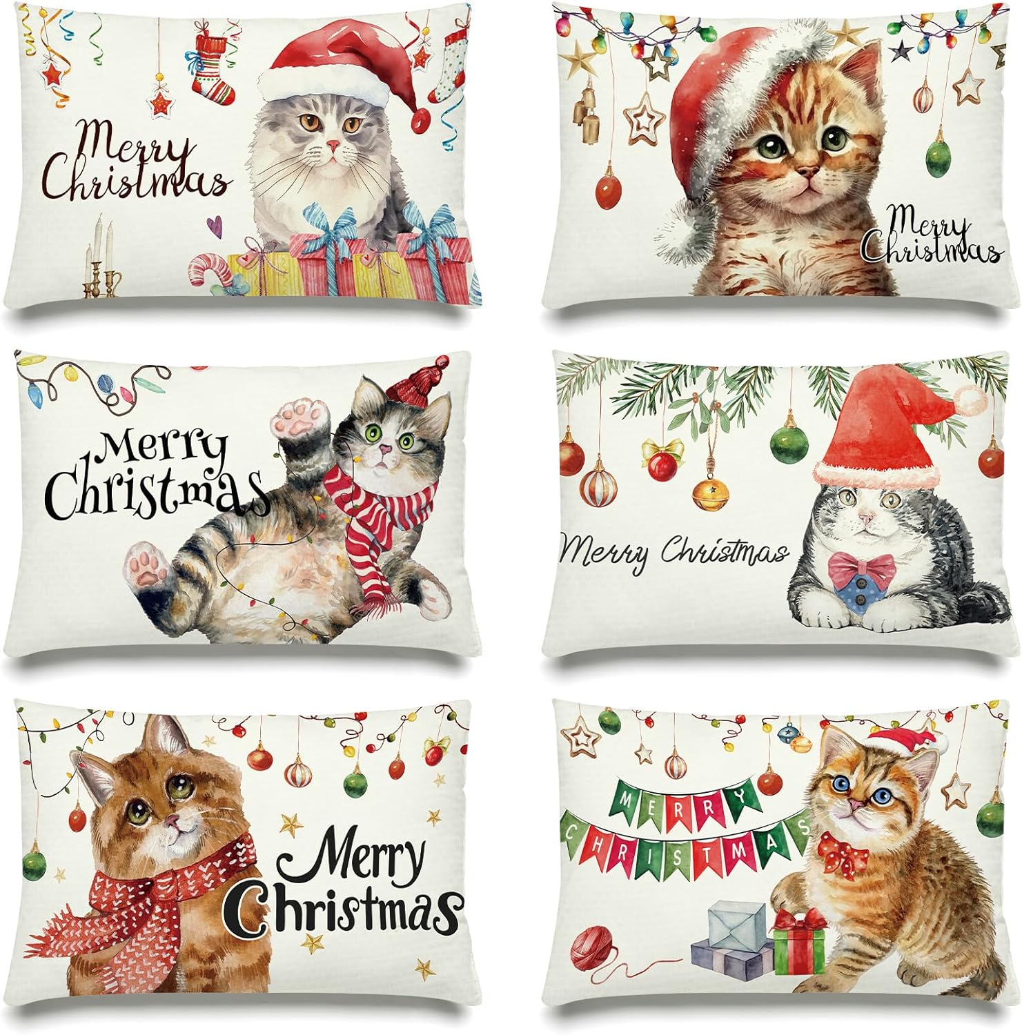 6 fundas de almohada de Feliz Navidad de 12 x 20 pulgadas, fundas decorativas de casa de campo de gato, fundas de almohada decorativas de invierno