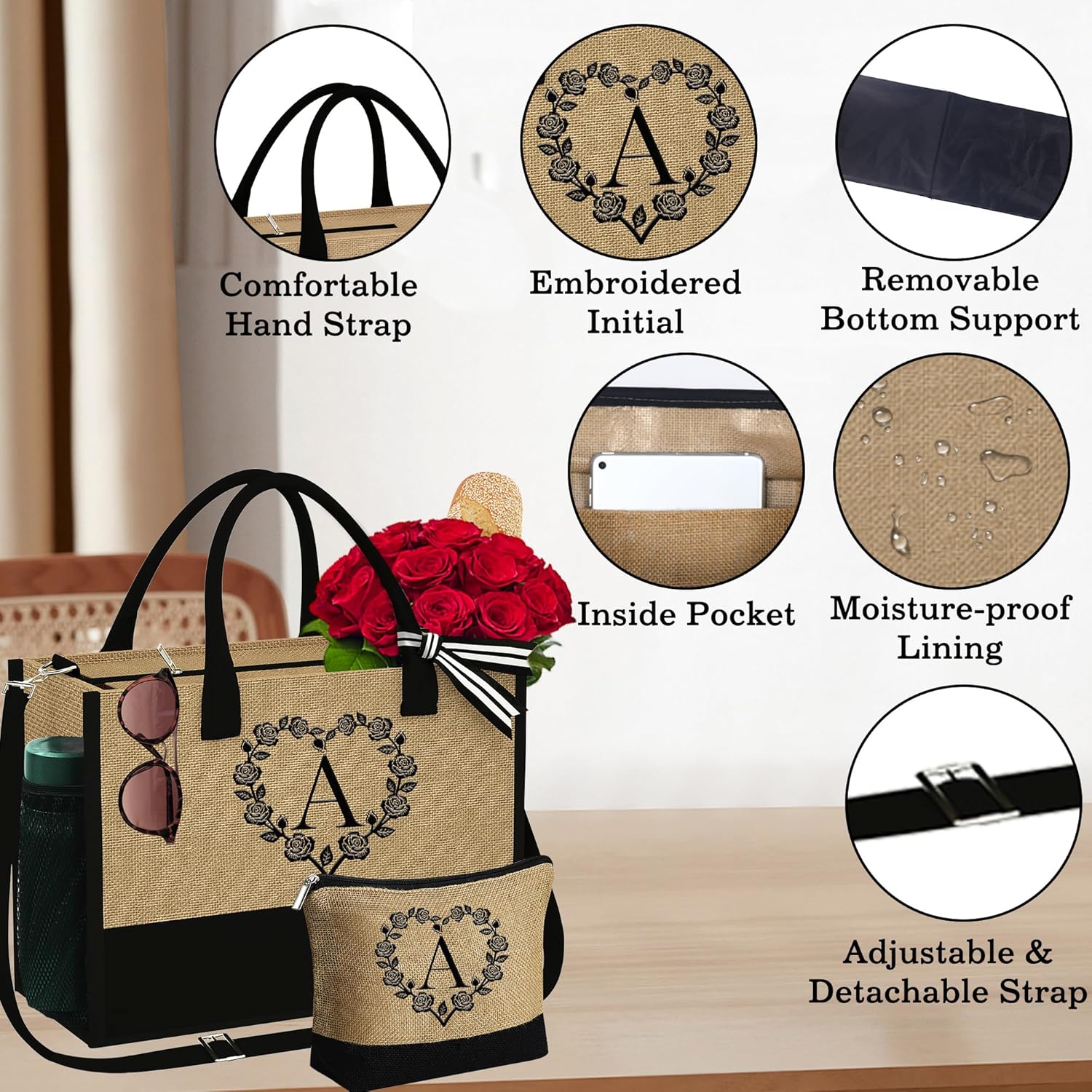 Bolsa de yute con inicial y bolsa de maquillaje, bolsa de mano con monograma bordado con correa, regalos de cumpleaños personalizados para mujeres,