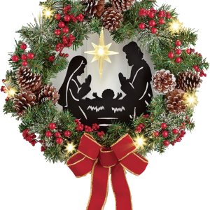 Corona de Navidad con luz LED, corona de María para puerta delantera, casa de campo al aire libre e interior para puerta delantera, corona de Corona de Navidad con luz LED, corona de María para puerta delantera, casa de campo al aire libre e interior para puerta delantera, corona de