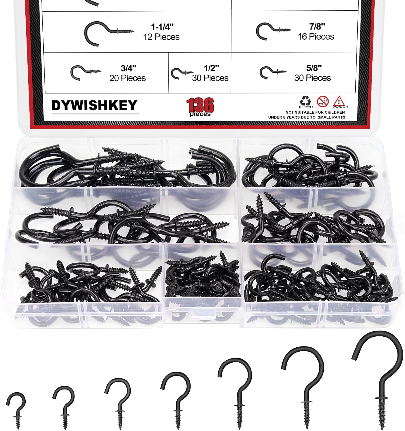 DYWISHKEY – Ganchos de rosca para colgar, kit de 136 ganchos de taza de 7 tamaños, ganchos de taza chapados en zinc negro para el hogar, la oficina