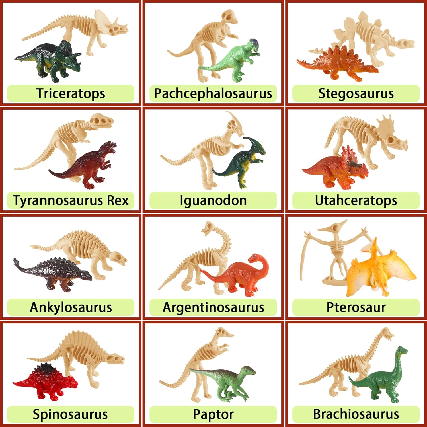 UPINS 24 piezas de juguete de esqueleto de dinosaurio de 3.5 pulgadas surtidas figuras de dinosaurios y esqueletos fósiles de dinosaurios con caja