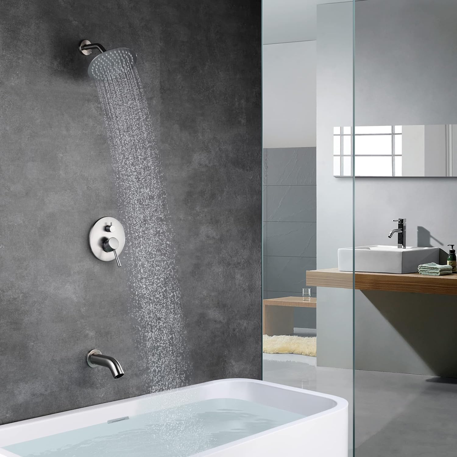 sumerain Grifo de bañera y ducha con válvula áspera, grifo de ducha de níquel cepillado con boquilla de bañera, cabezal de ducha de lluvia de 8