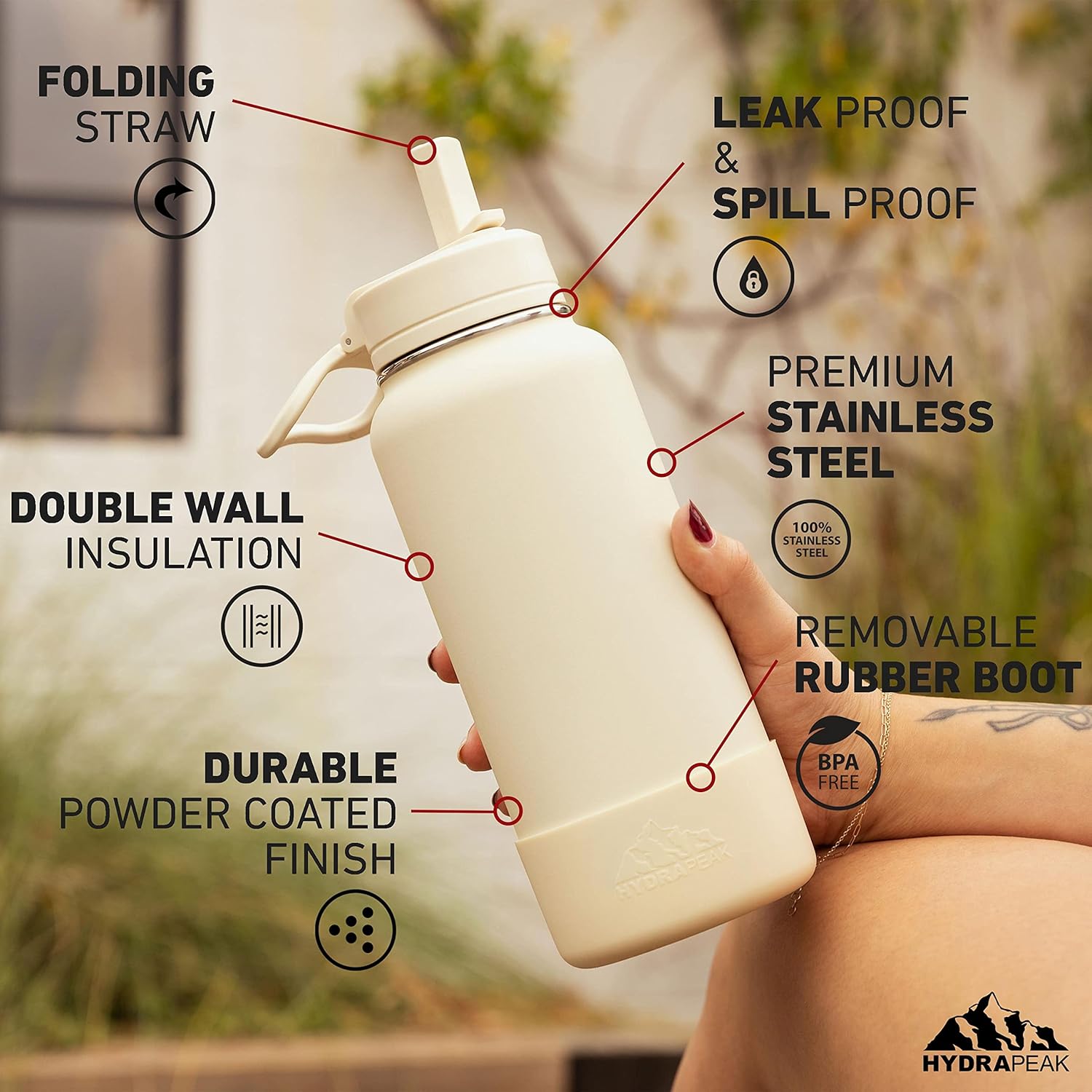 Hydrapeak Botella de agua deportiva de 40 onzas con aislamiento y tapa con popote o para beber, a prueba de fugas y derrames, mantiene las bebidas