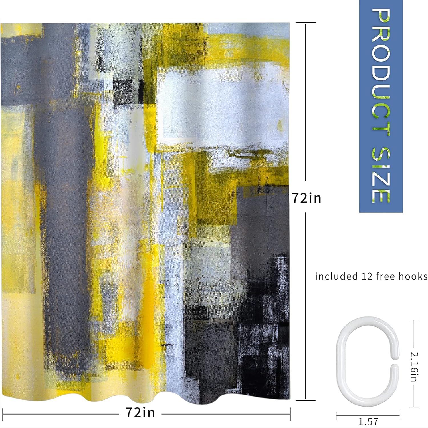 Cortina de ducha amarilla y gris, diseño de pintura de arte abstracto, patrón de marcas de pincel moderno, decoración de baño, juego de cortina de