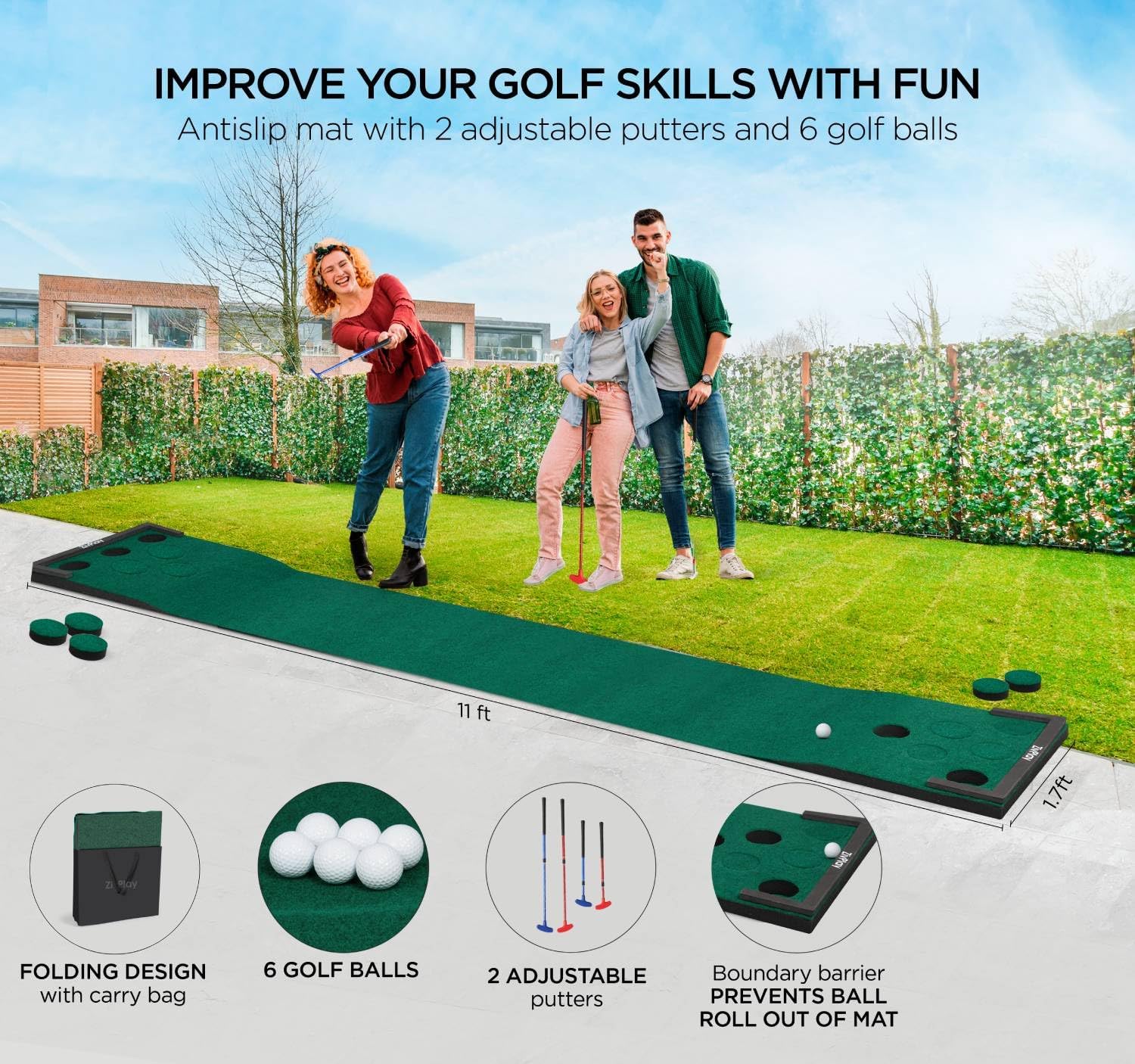 Juego de golf de putting con tapete de golf para pong, 2 putters, 6 pelotas de golf y barreras de pelota para adultos al aire libre, práctica verde,