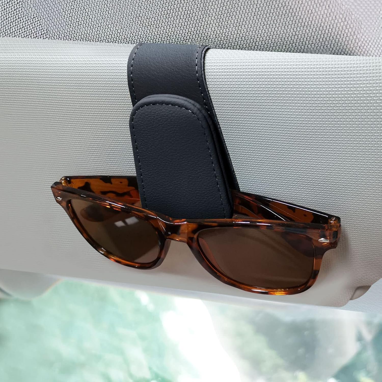 AXELECT Soporte para lentes de sol para visera de automóvil, clip magnético para lentes de sol, soporte de cuero para gafas, soporte para gafas, 1