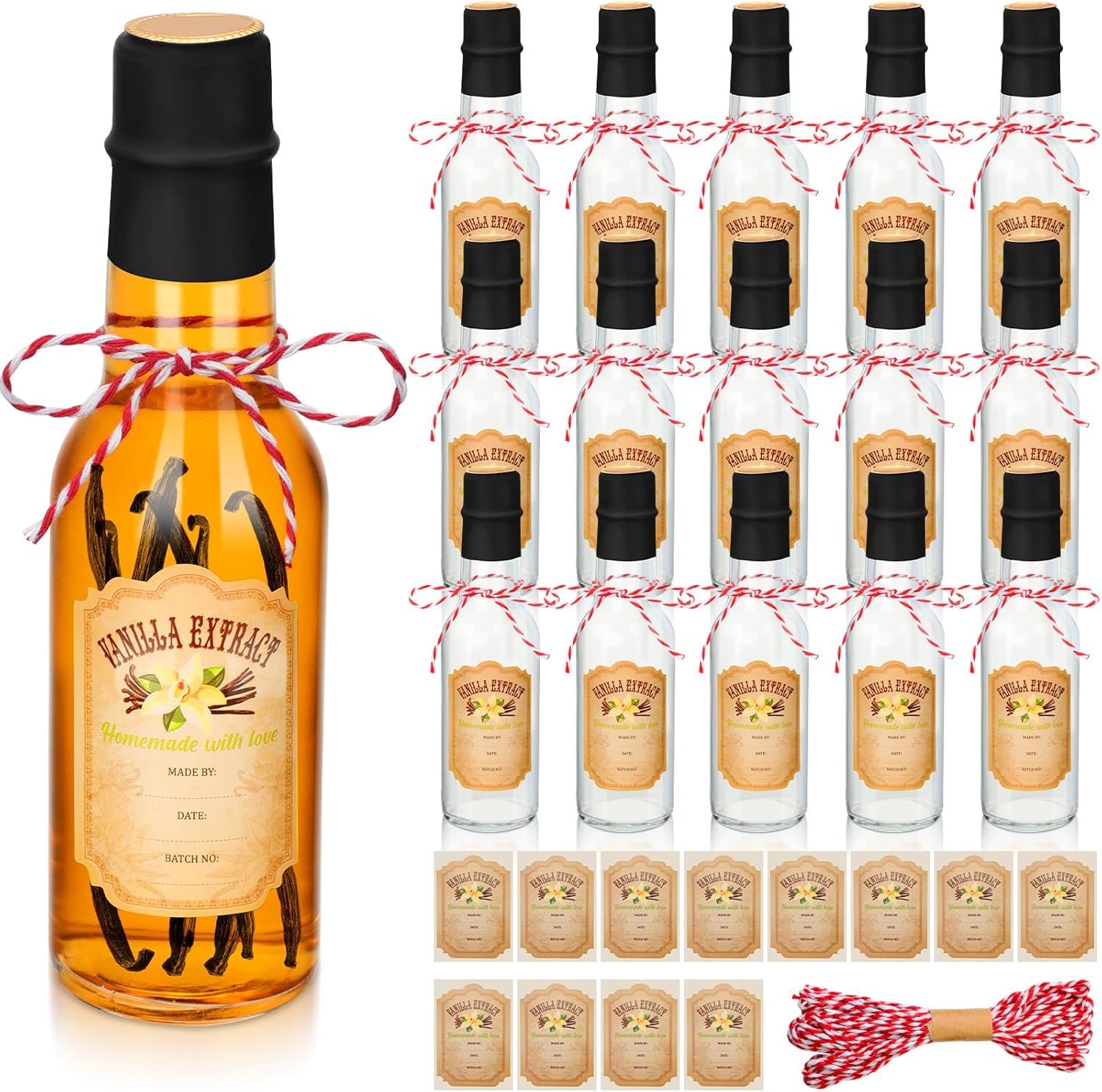 Tioncy 16 botellas de extracto de vainilla de 5 onzas para botellas de vidrio transparente caseras con tapas y bandas retráctiles, extracto de