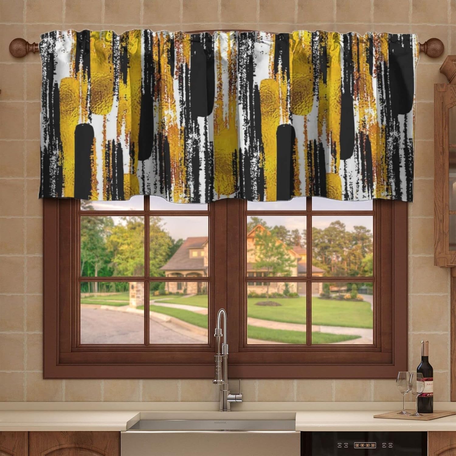 Cenefa de cortina de ventana con temática moderna de estilo artístico, patrón de acuarela para sala de estar, cenefa de cortina con bolsillo para