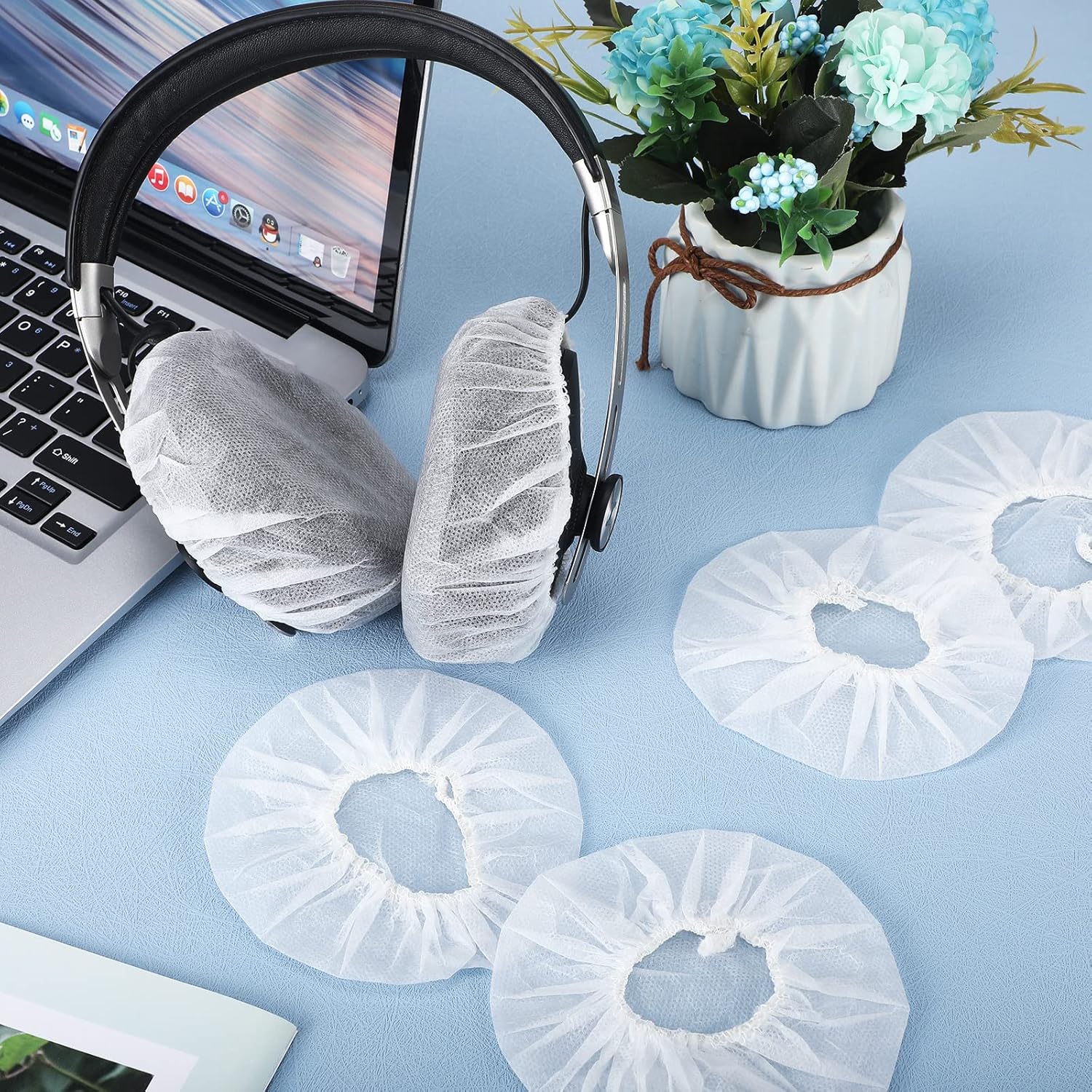 Tatuo 500 fundas desechables para auriculares sobre la oreja, almohadillas sanitarias elásticas, cubiertas blancas para auriculares no tejidas, 4.3
