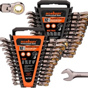 HORUSDY Juego de 24 llaves de trinquete de cabeza flexible  métricas y SAE  Juego de llaves combinadas de trinquete con organizador  72 dientes HORUSDY Juego de 24 llaves de trinquete de cabeza flexible  métricas y SAE  Juego de llaves combinadas de trinquete con organizador  72 dientes