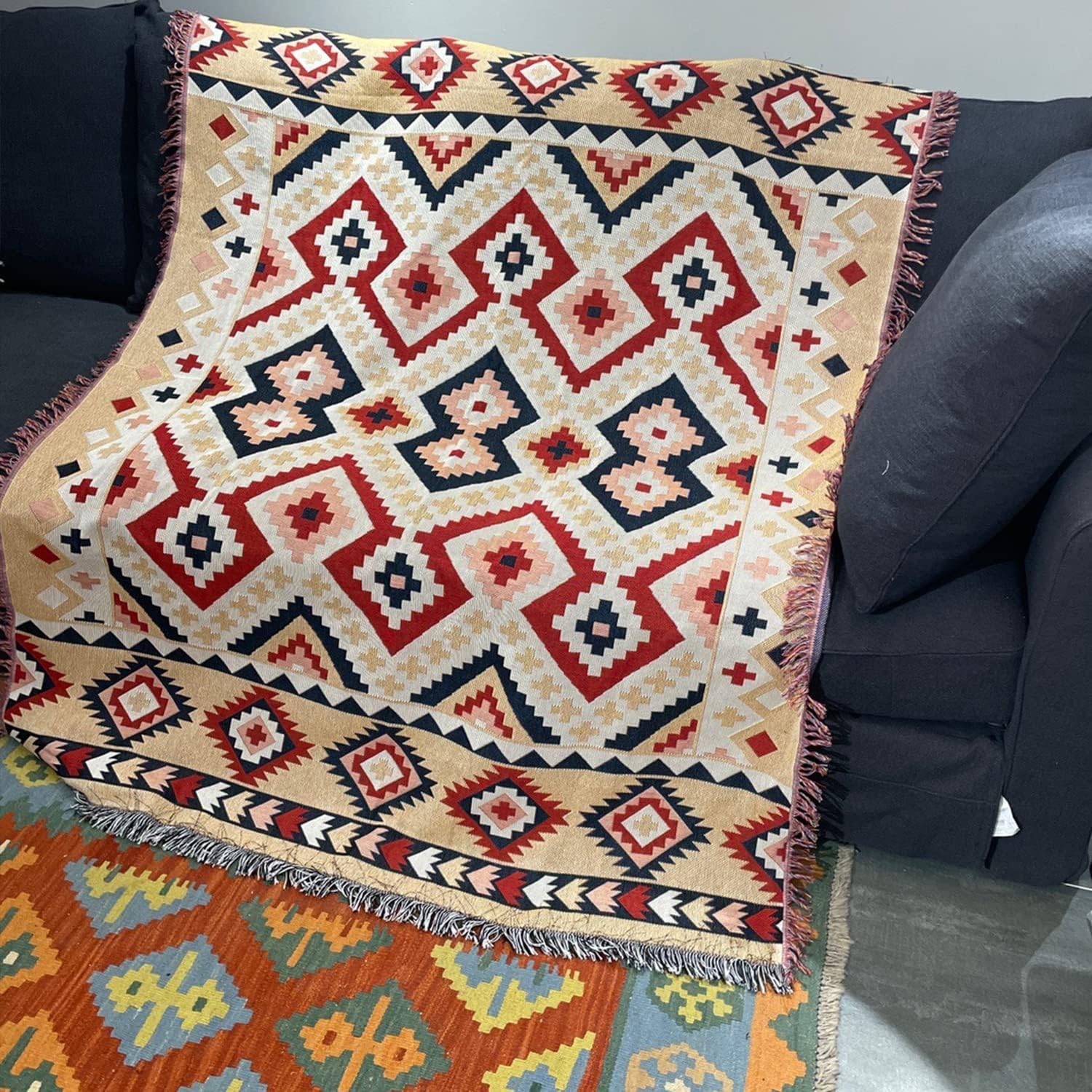 CCHYF Manta azteca del suroeste, manta nativa americana, reversible, decoración bohemia con borlas, manta mexicana para sofá, cama, sala de estar,