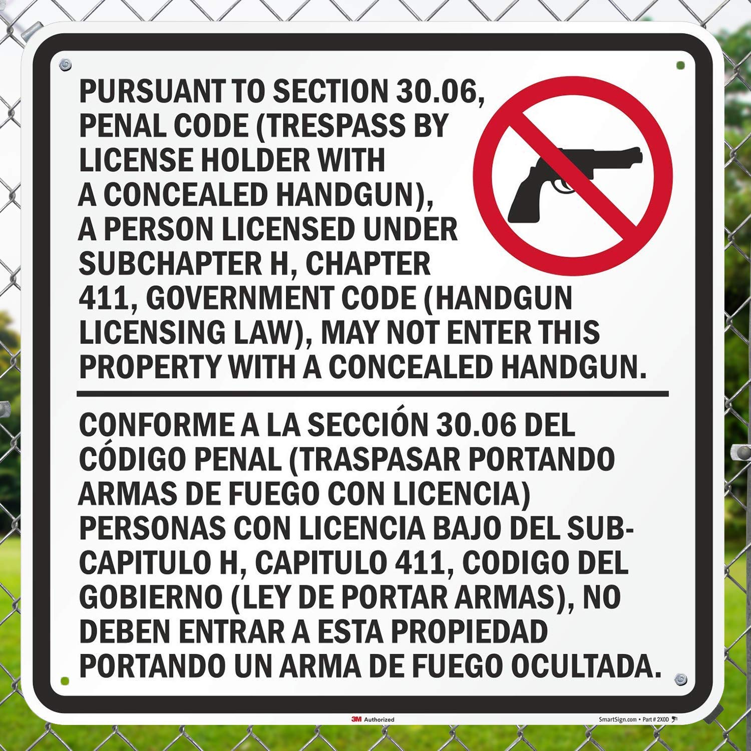 SmartSign “Trespass by License Handgun Prohibited” Sec. 30.06 Texas Law Sign  30″ x 30″ 3M Aluminio reflectante de grado de ingeniero