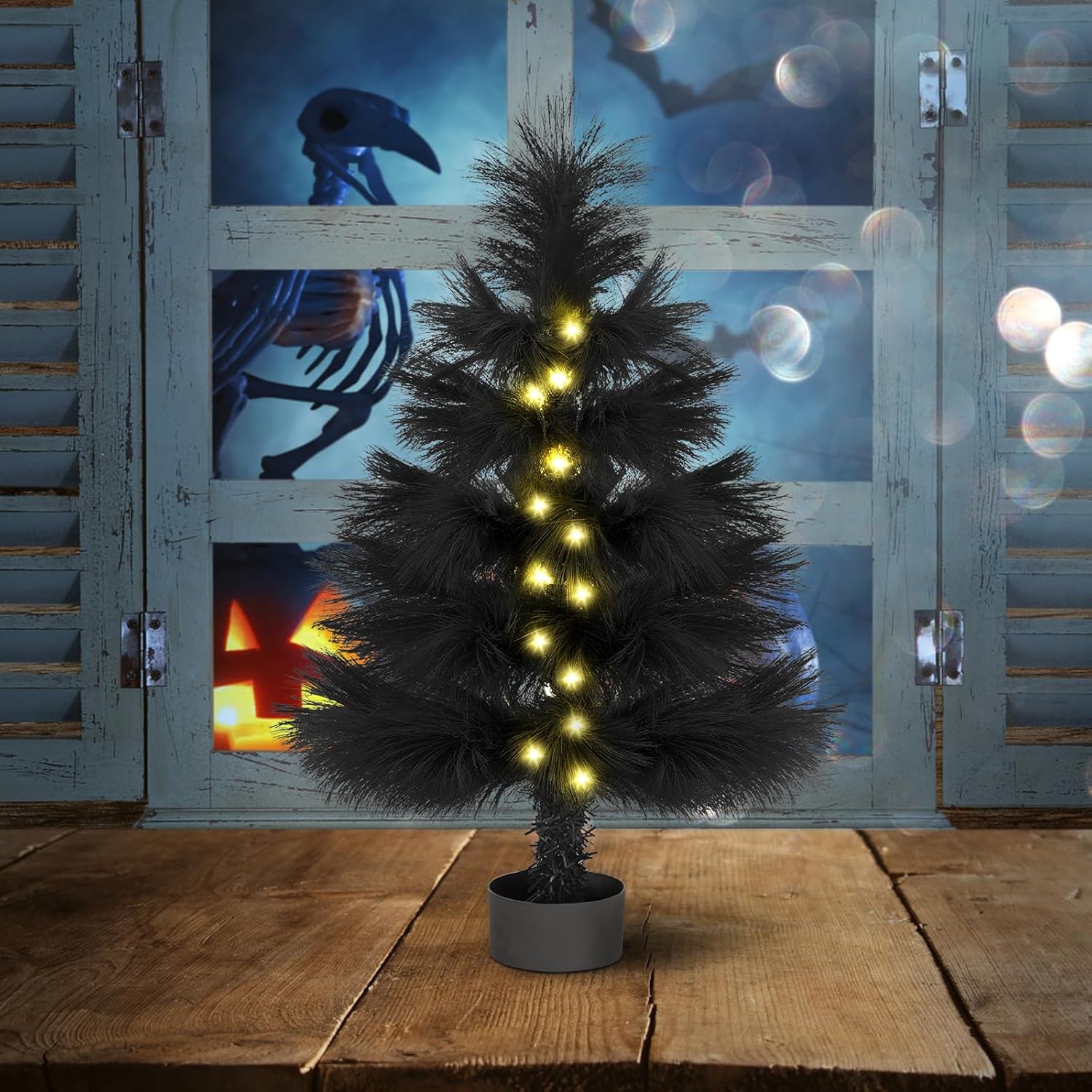 MACTING Mini árbol de Navidad negro con luces, árbol de mesa artificial de 2 pies, funciona con pilas para decoración del hogar, invierno,
