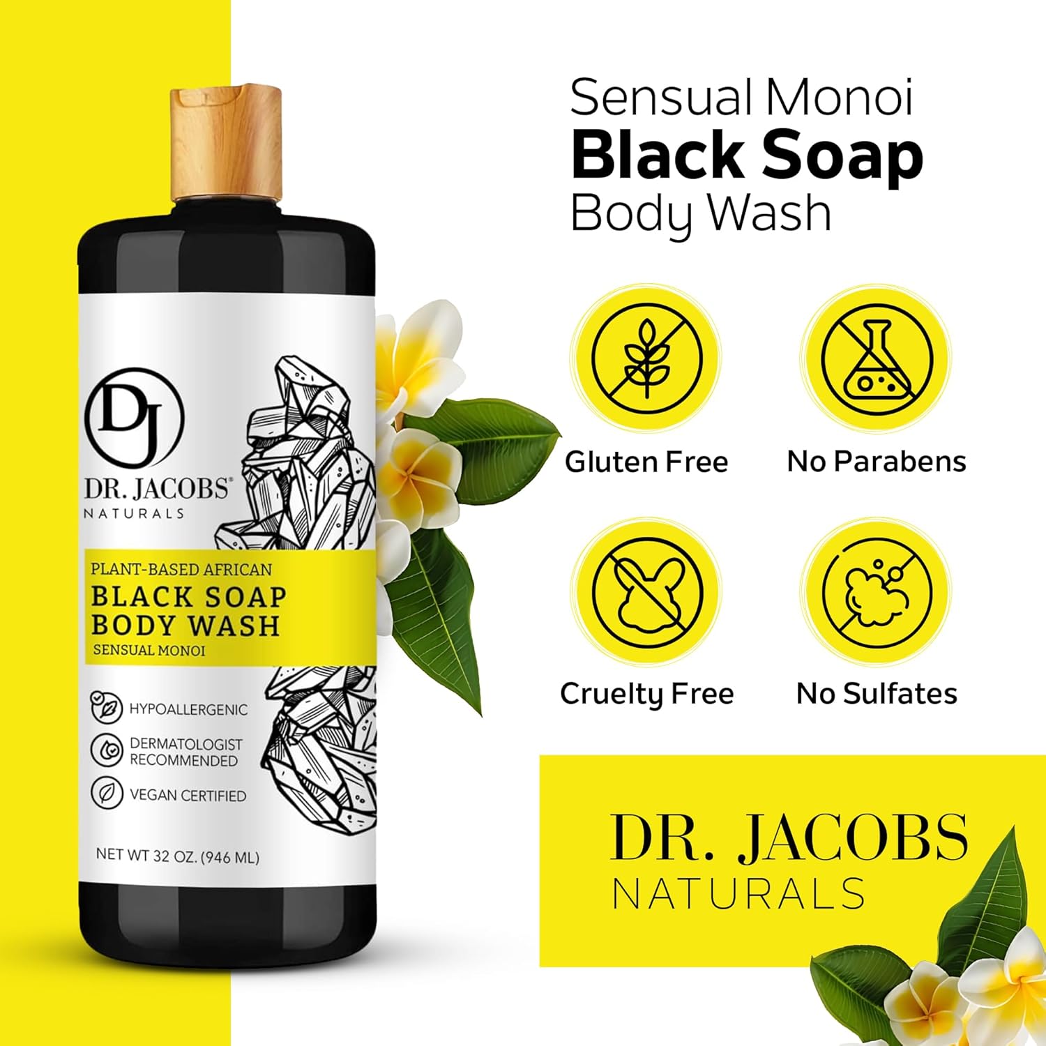 Dr Jacobs Naturals Auténtico jabón líquido africano negro, lavado facial hidratante todo en uno, gel de baño corporal para piel sensible, champú y