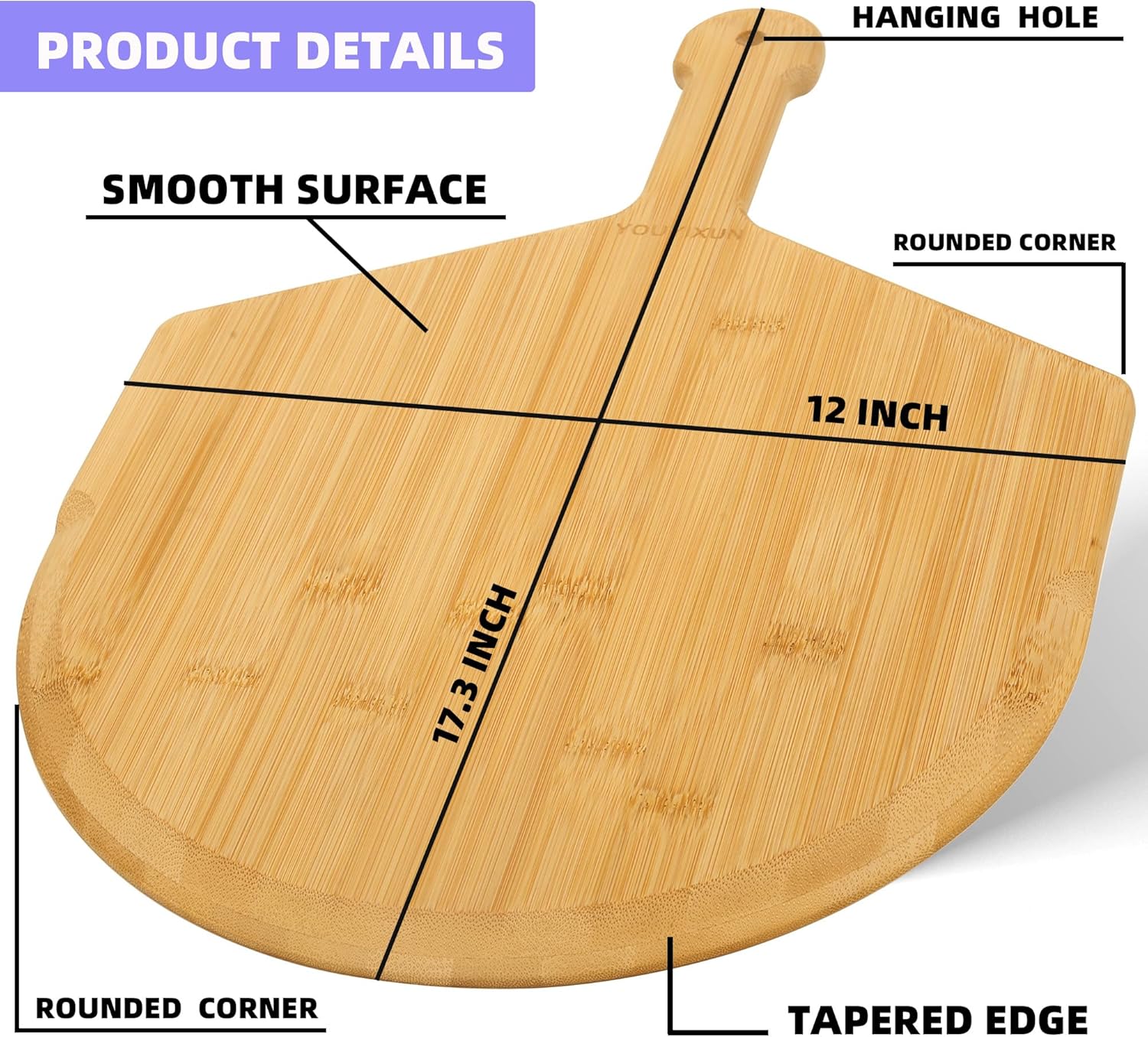 YOUYIXUN Pizza Peel de 12 pulgadas, espátula de madera de doble cara para pizza, accesorio para horno, tabla de pizza de bambú con asa, tabla de
