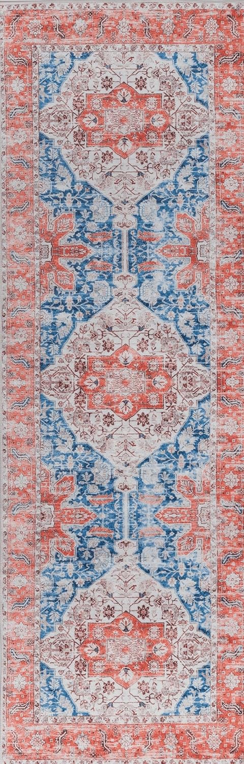 Auemtyn Alfombra de pasillo, 2 x 6 pies, lavable, vintage, con parte trasera antideslizante, medallón ultrafina, no desprende pelusa, alfombra roja,