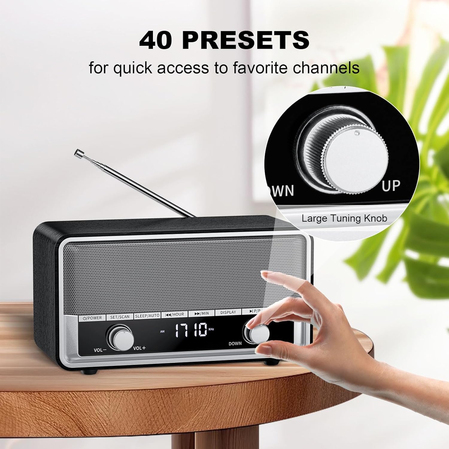Radio AM FM enchufable de pared, radio con Bluetooth para el hogar, mejor radio reloj de recepción con pantalla LCD, reposo40 preajustes retro