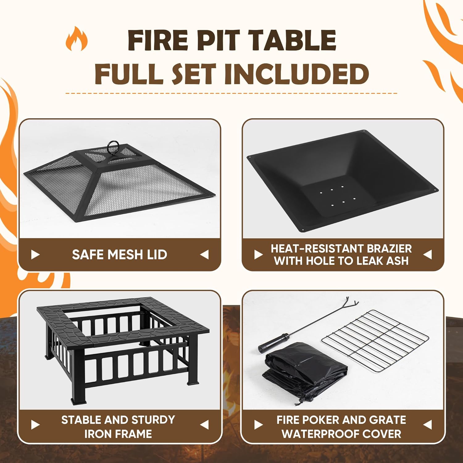 Rankok Mesa multifuncional de 32 pulgadas para fogata al aire libre con pantalla de chispa, rejilla de fuego y chimenea cuadrada de metal para