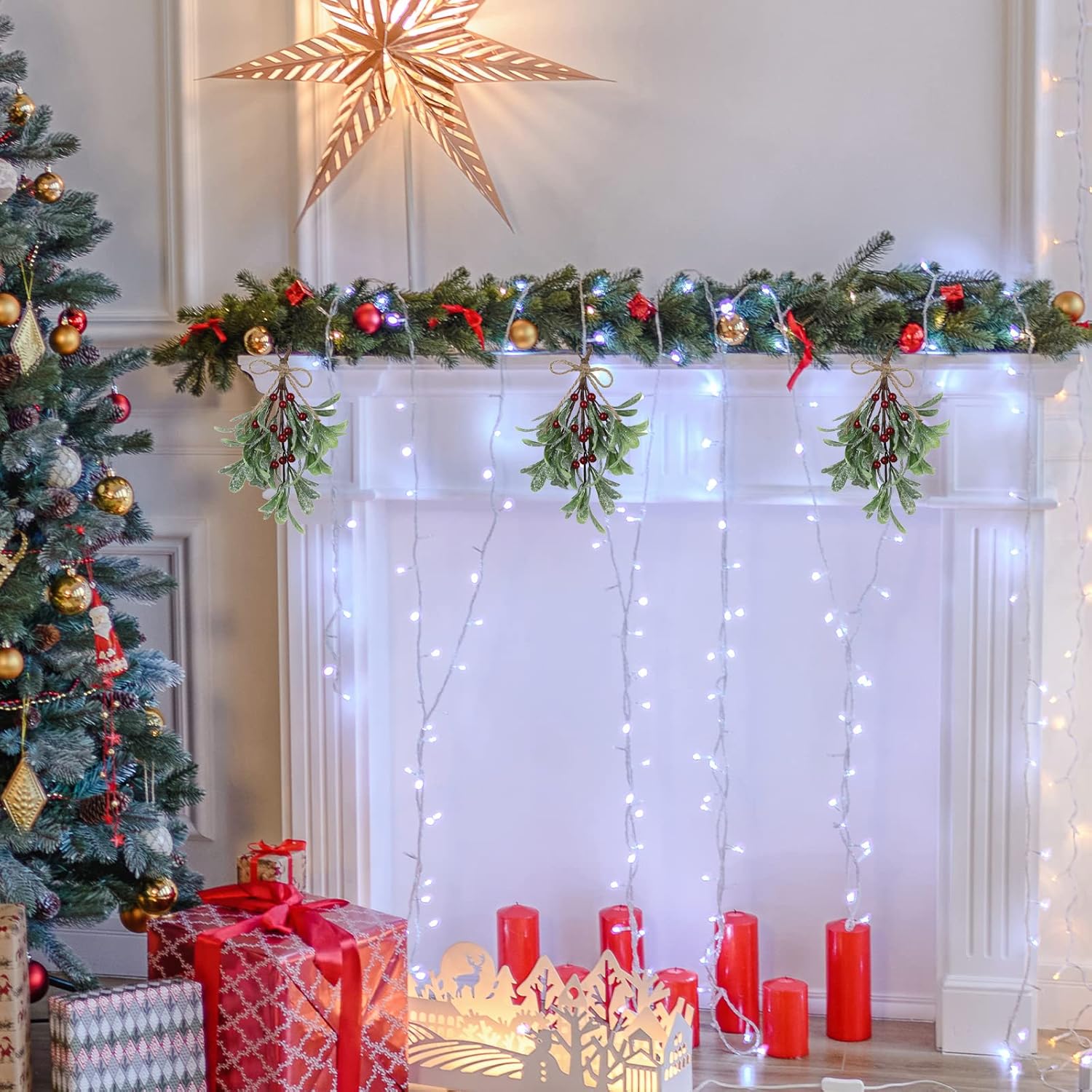4 púas de muérdago artificiales, decoración de muérdago navideño de 9.1 pulgadas con bayas rojas, tallos florales de muérdago artificiales, adorno