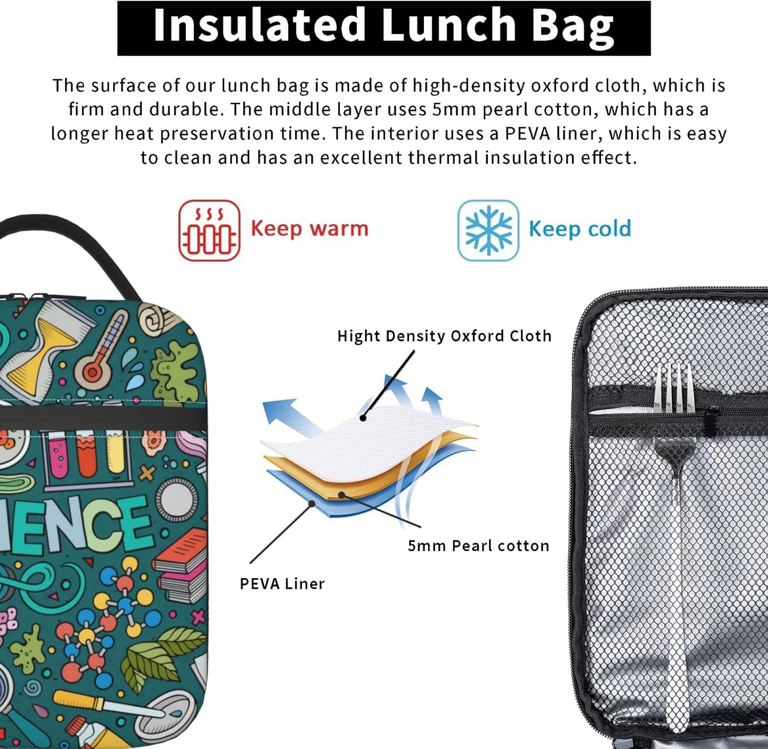 Lonchera reutilizable para mujer, lonchera científica con aislamiento térmico y bolsillo