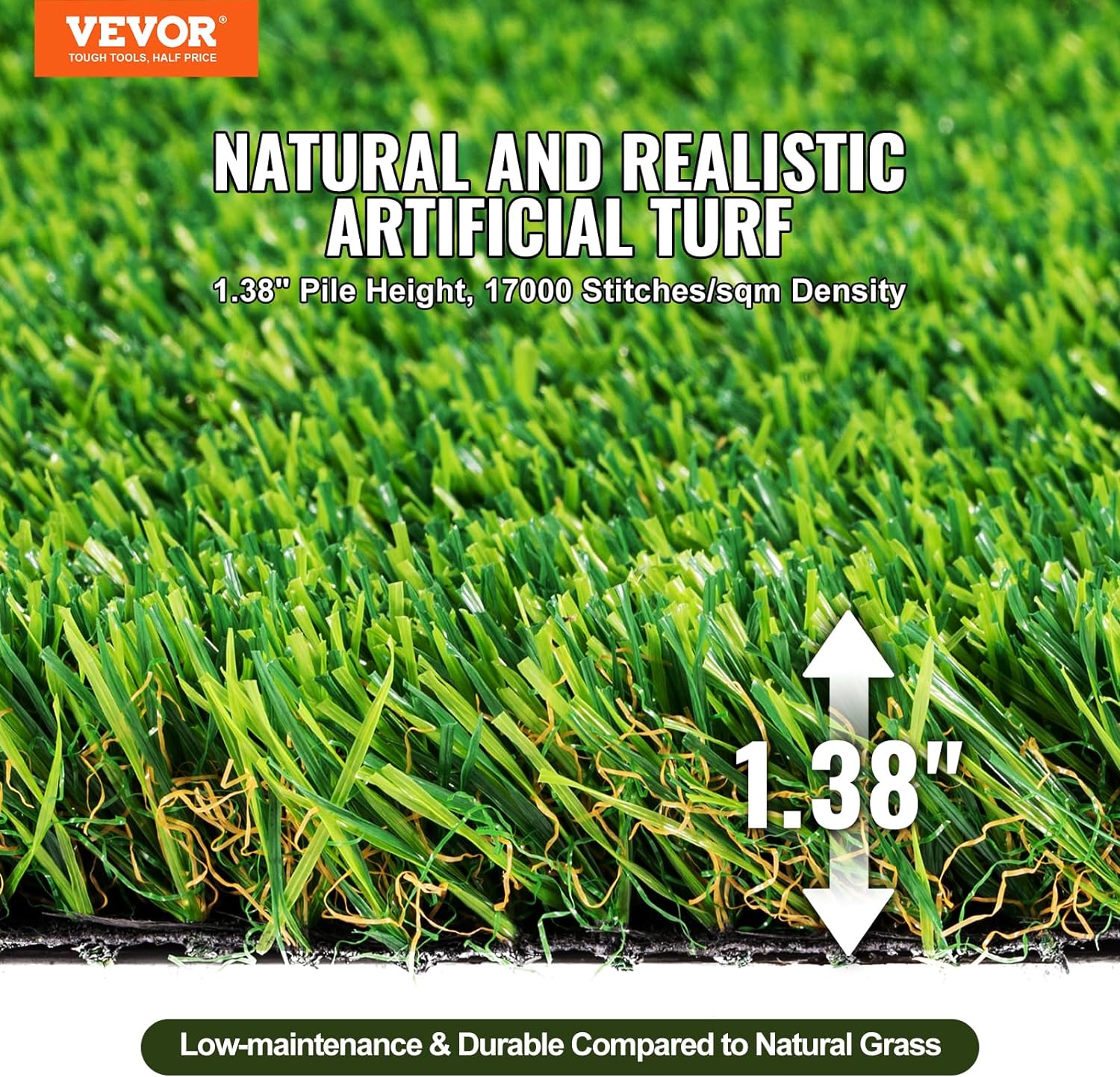 VEVOR Alfombra de césped artificial, 6 x 10 pies de grosor, para interiores y exteriores, alfombra de césped sintético realista de 1.38 pulgadas con