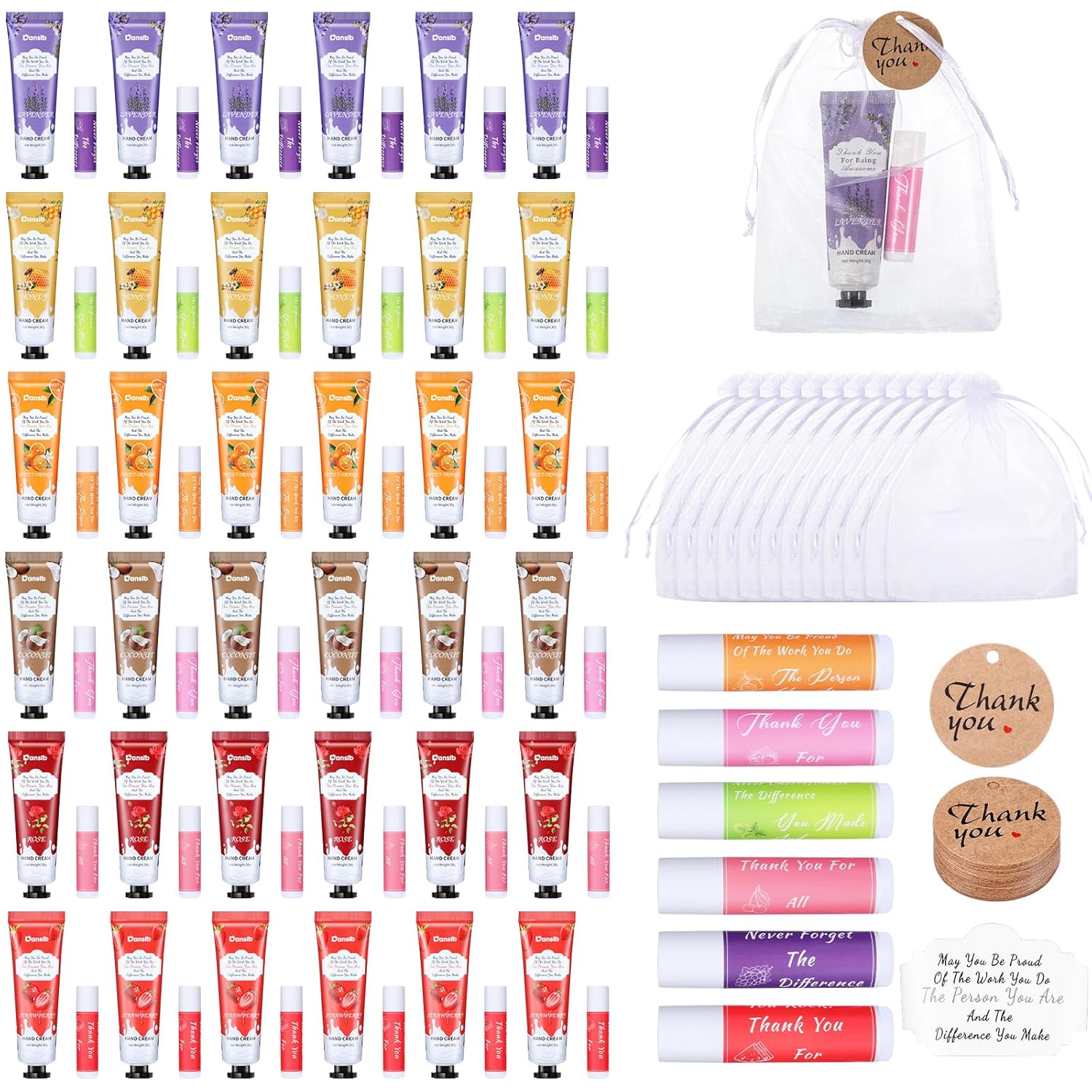 Regalos de agradecimiento para empleados crema de manos y bálsamo labial a granel con bolsa de organza, tarjeta de agradecimiento, loción de manos,