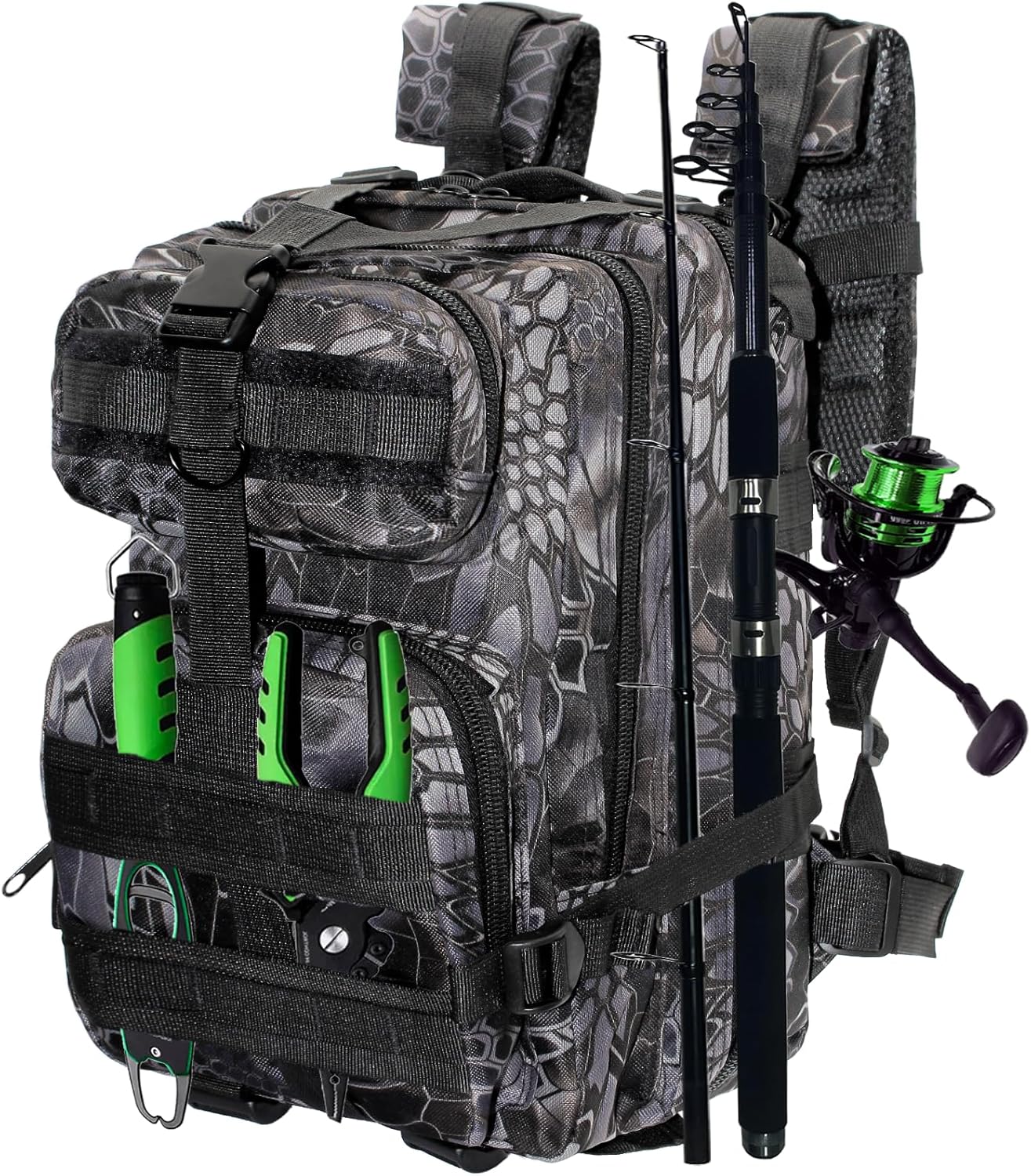 Ghanneey Mochila de aparejos de pesca, mochila de hombro al aire libre con soporte para caña de pescar, senderismo, caza, camping, A-negro y gris,