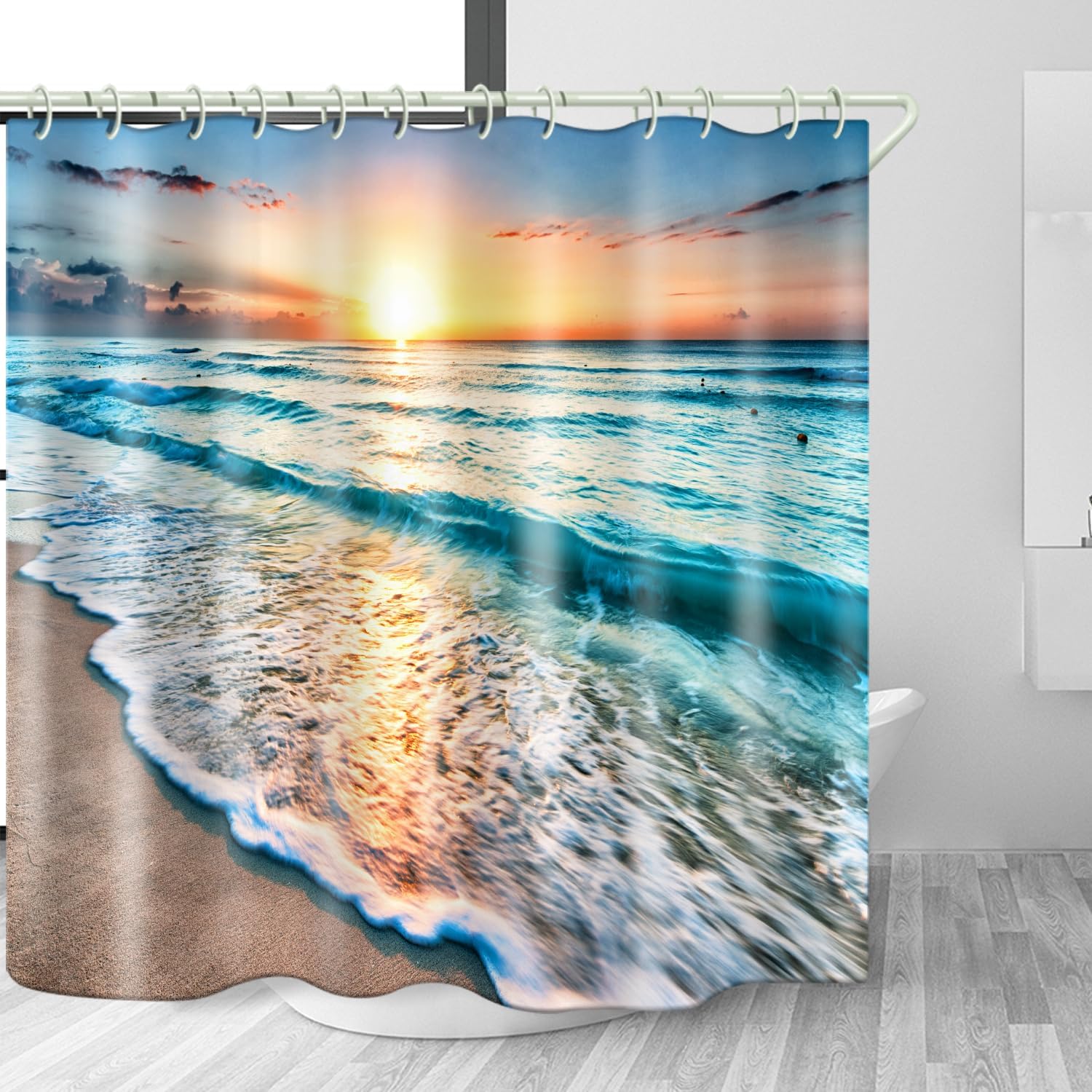 LYFANS El baño tiene una cortina de ducha de playa al atardecer y la bañera tiene una lujosa cortina de ducha estándar. Cortina de ducha de tela