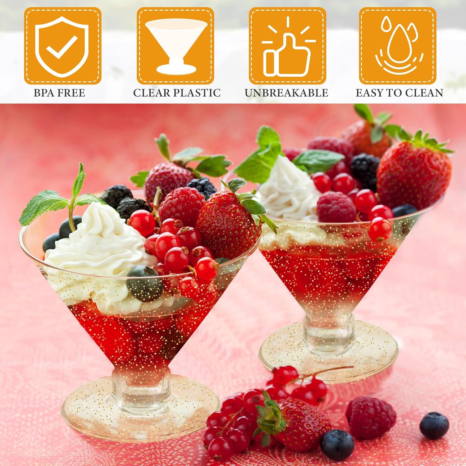 Yinkin Vasos de Martini de plástico de 5 onzas desechables con purpurina dorada, mini vasos de Martini irrompibles para postre de parfait para boda,
