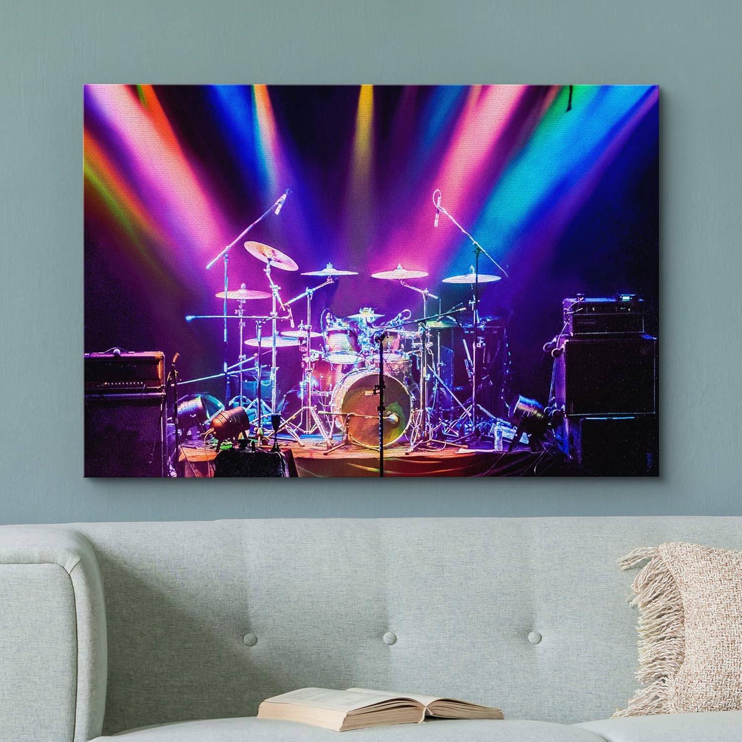 wall26 Lienzo impreso para pared, arco iris, luz de neón, batería, instrumentos musicales, fotografía, realismo, concierto decorativo, multicolor,