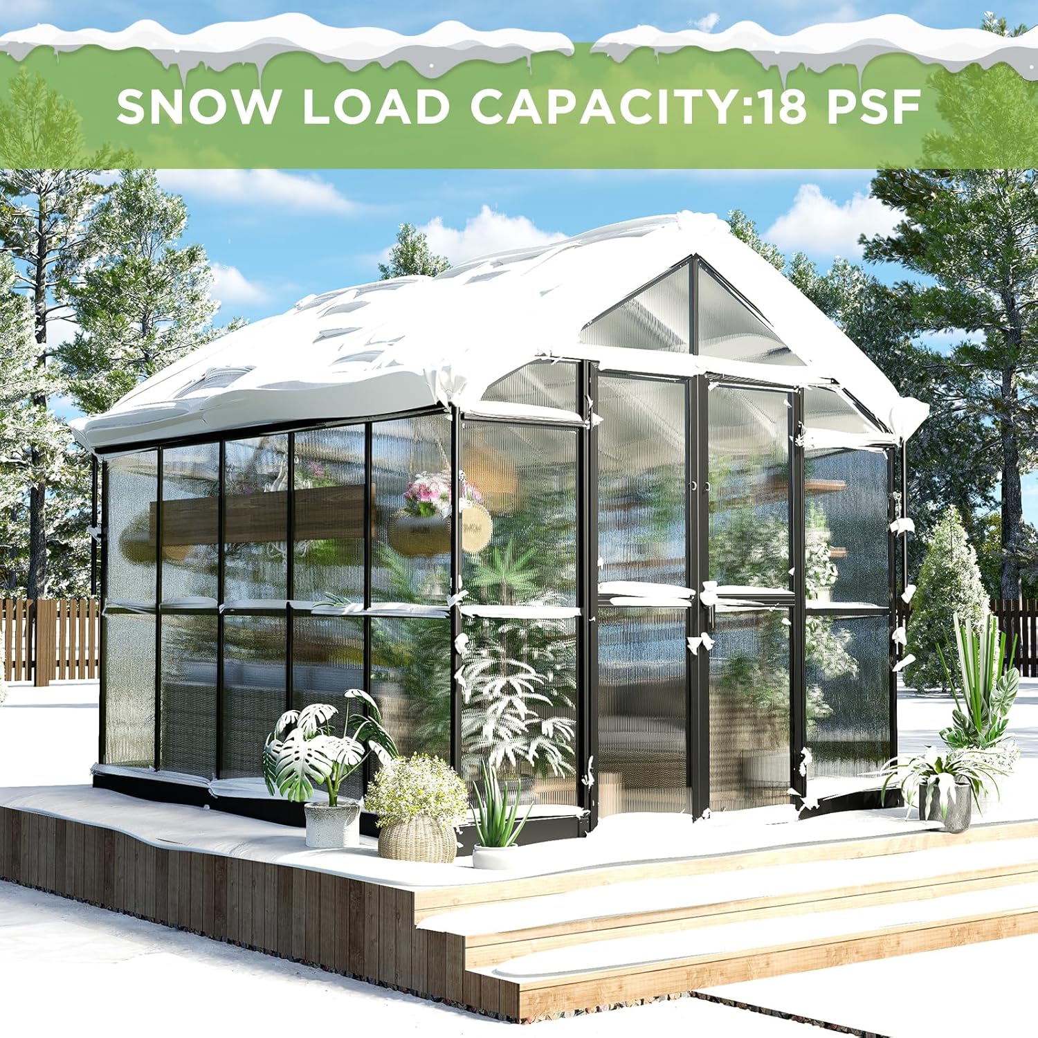 HOWE Invernadero de policarbonato de 8 x 10 x 7.5 pies, 2 rejillas de ventilación de 5.2 pies de altura añadida, gran invernadero de aluminio para