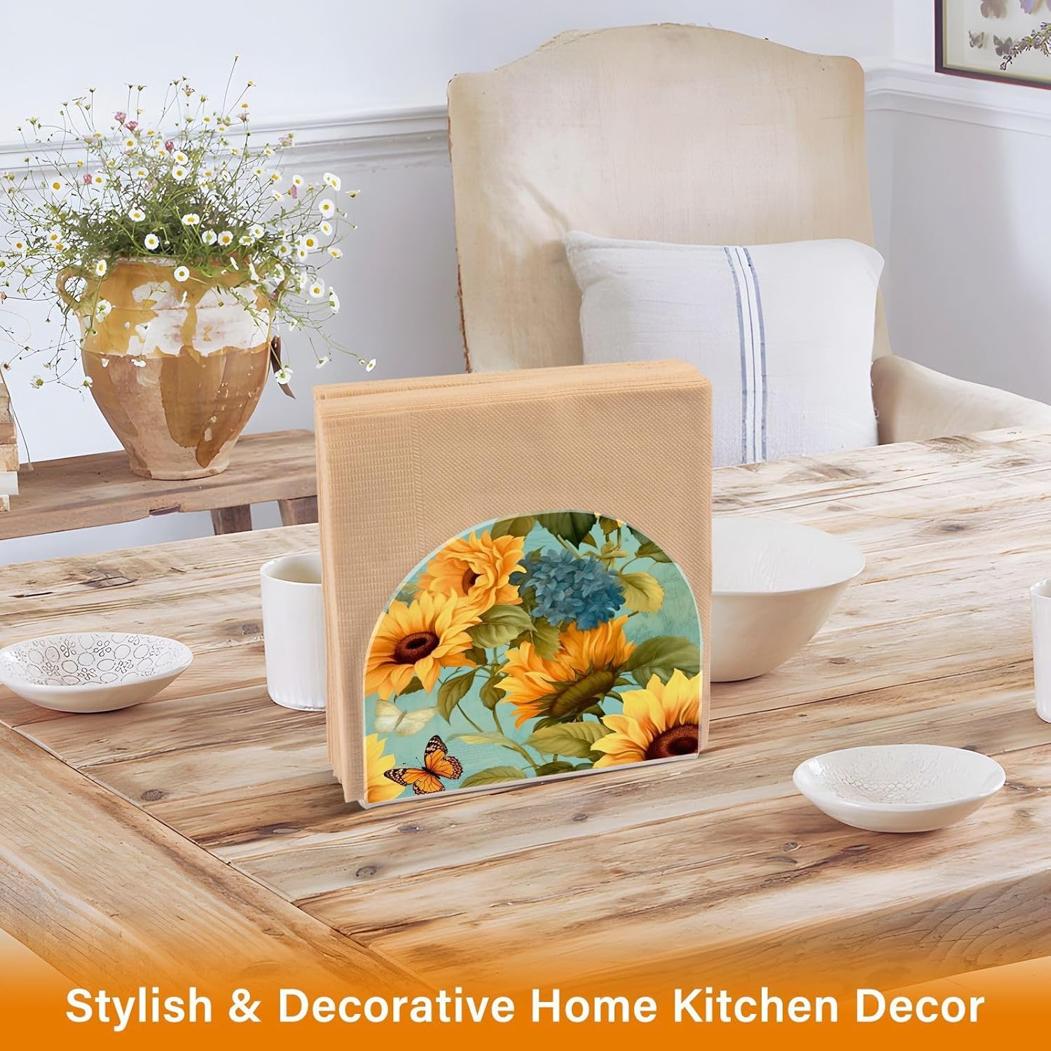Sunflower and Butterfly Acrylic Napkin Holder Clear Crystal Tissue Paper Dispenser for Table, Kitchen Countertop, Restaurant, Decor