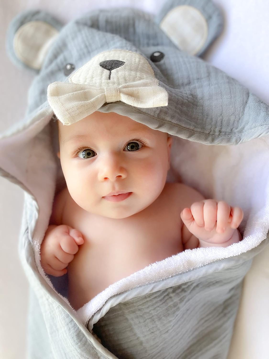 MON AMI Juego de toallas y toallas de algodón con capucha de oso de muselina de rizo con capucha para bebés, bebés, niños o niñas, de 0 a 18 meses.