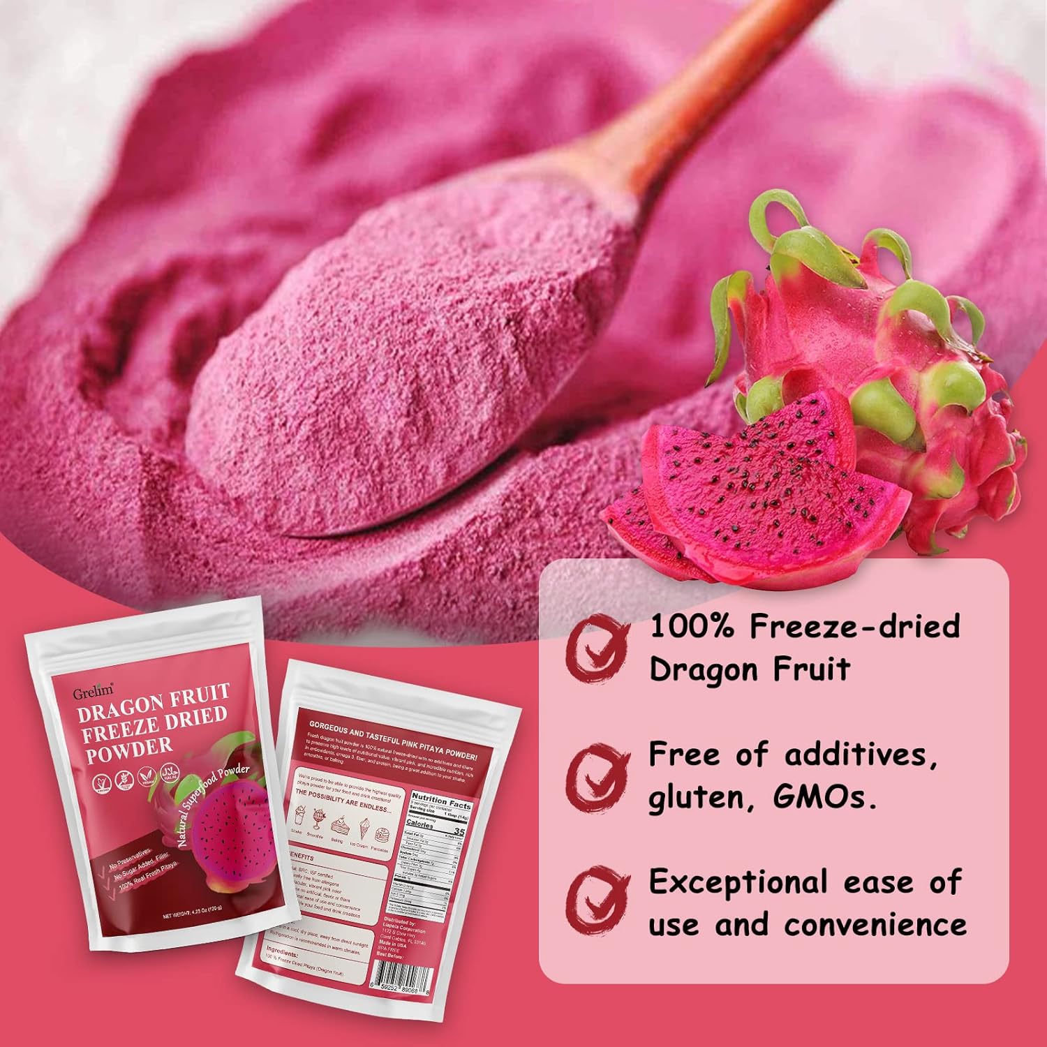 GRELIM Polvo de fruta del dragón 4.23 onzas, polvo de pitaya liofilizado, polvo de pitaya de fruta del dragón para batido 4.23 oz