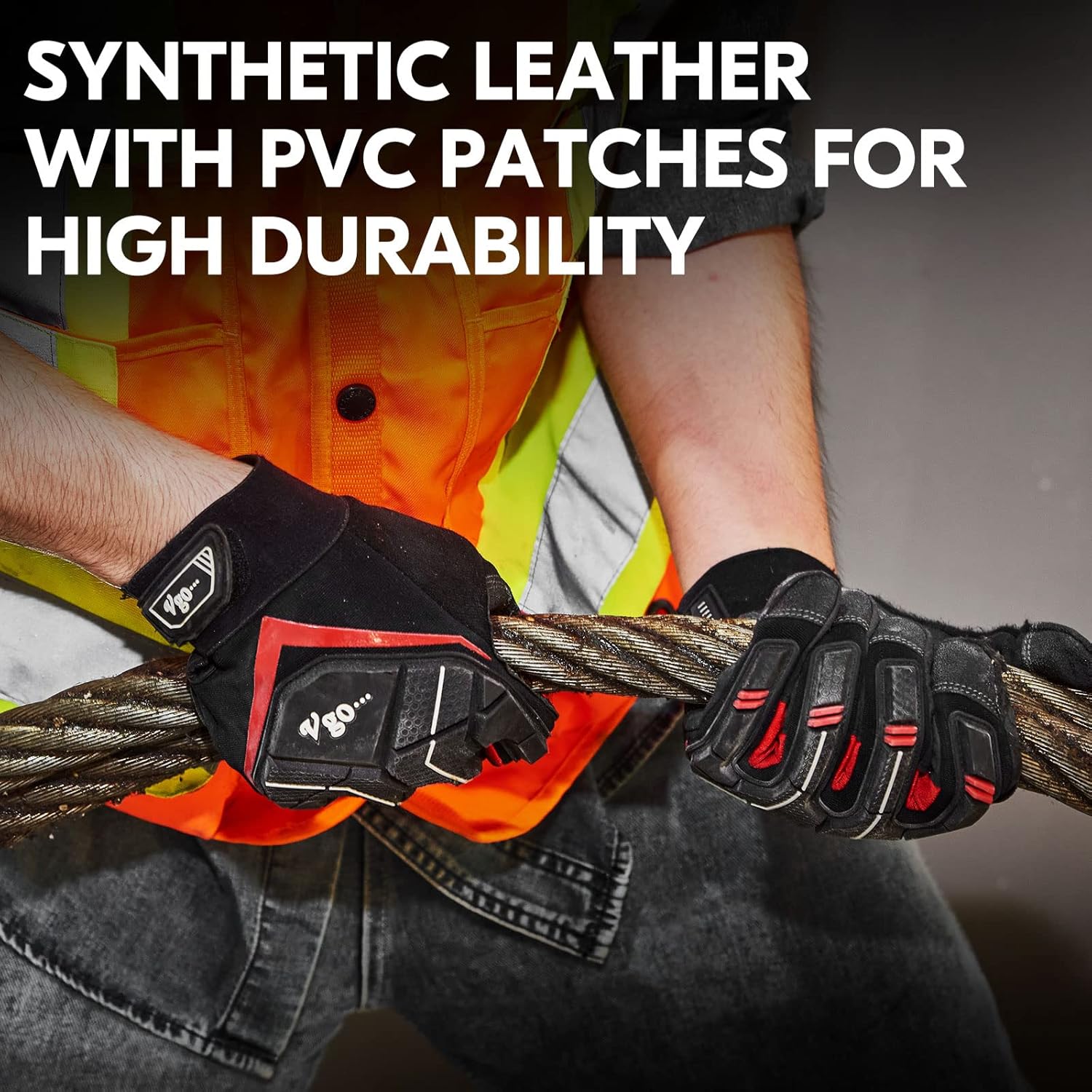 Vgo… 1 par de guantes de trabajo mecánico de cuero sintético resistente, compatibles con pantalla táctil (talla XL, negro rojo, SL9722)