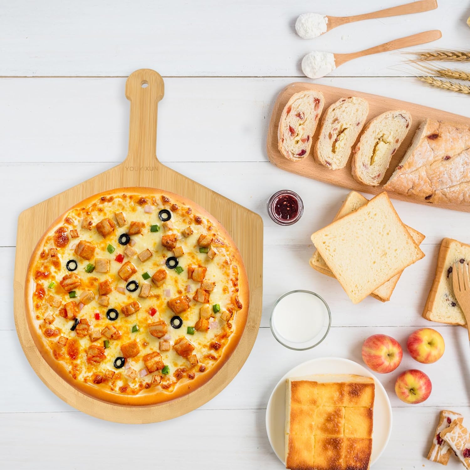 YOUYIXUN Pizza Peel de 12 pulgadas, espátula de madera de doble cara para pizza, accesorio para horno, tabla de pizza de bambú con asa, tabla de