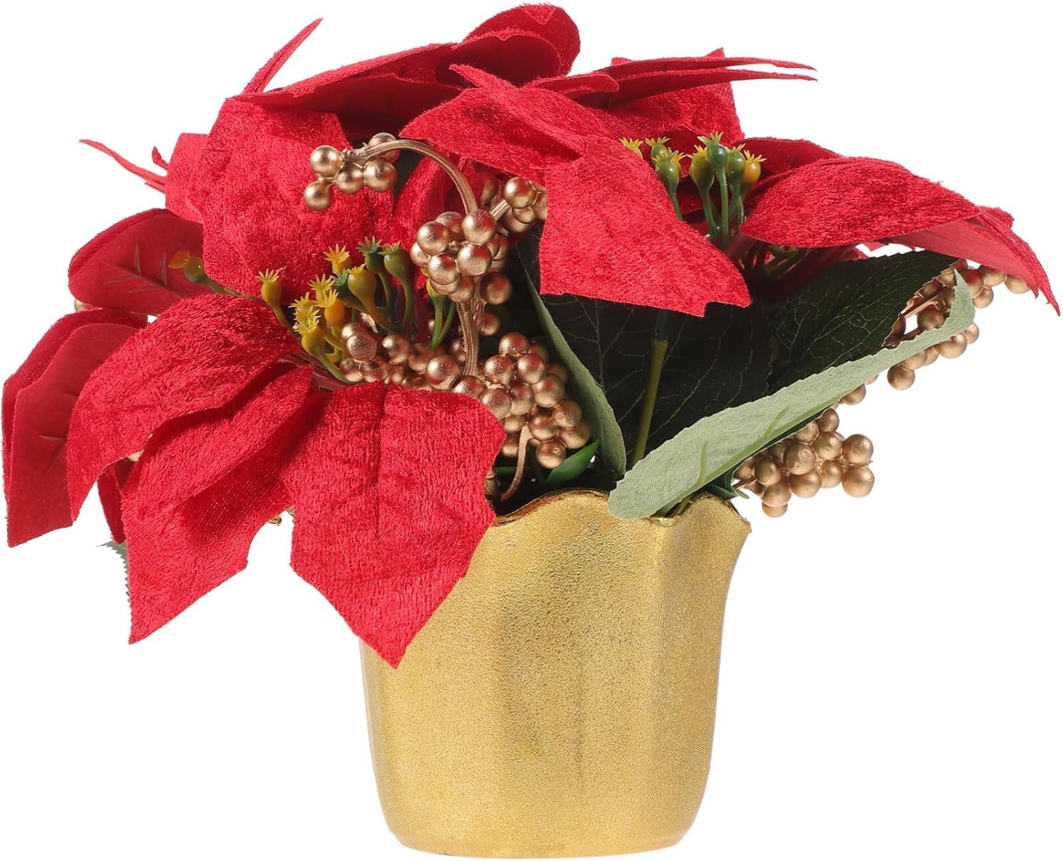 VILLCASE Planta de Pascua roja de Navidad en maceta, flores de Pascua artificiales en jarrón, bayas de pino, decoración de bandeja escalonada de