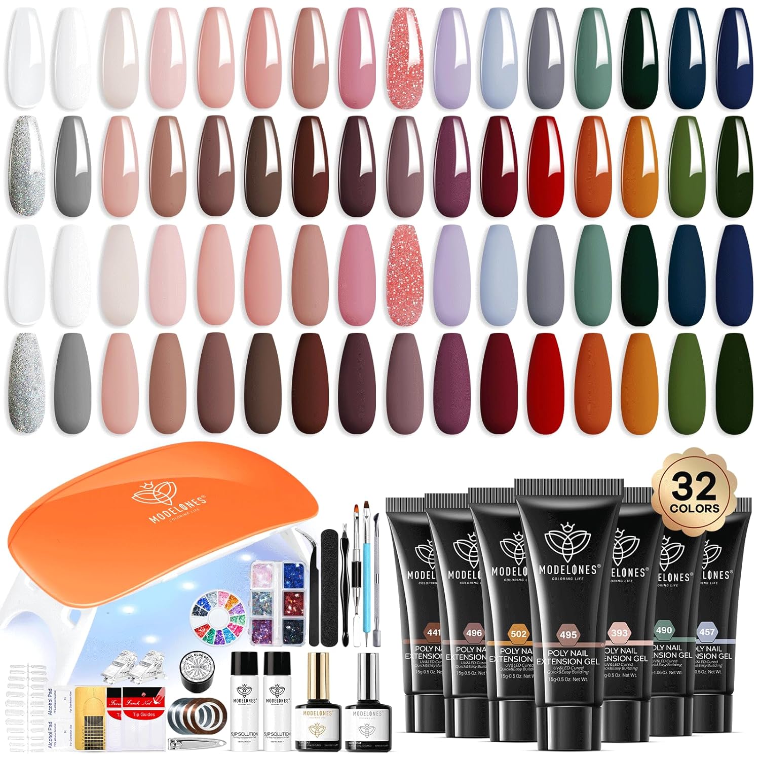 Modelones Kit de 133 piezas de gel de uñas de polietileno, kit completo de extensión de uñas de gel de 32 colores con lámpara de uñas, kits de