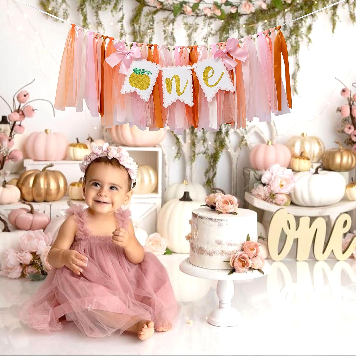 Cartel de calabaza para silla alta, decoración de primer cumpleaños, decoración de fiesta de primer cumpleaños, pancarta de cinta rosa naranja para