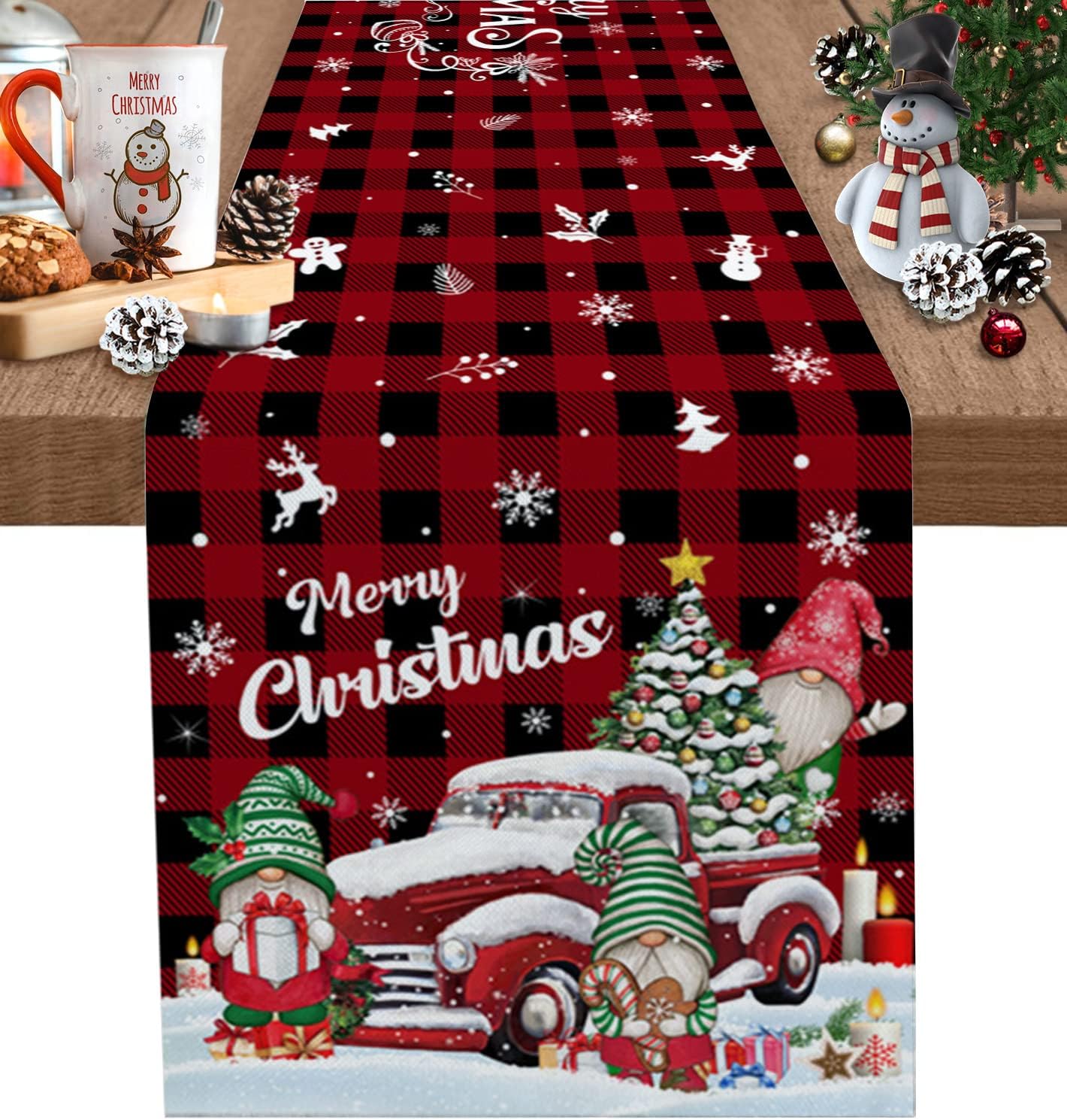 Camino de mesa de Navidad de 90 pulgadas de largo, algodón y lino, bufandas, gnomos a cuadros rojos, camión, copo de nieve, árbol de Navidad,