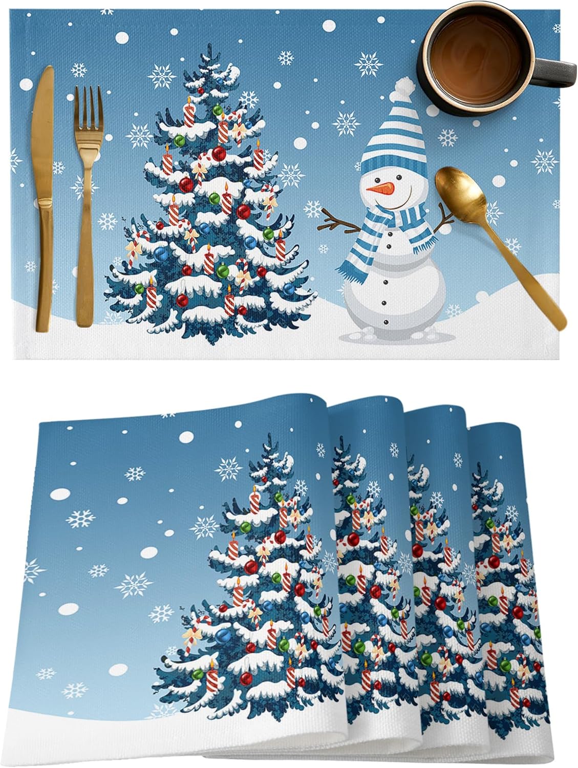 Juego de 6 manteles individuales de Navidad, diseño de árbol de Navidad, diseño de muñeco de nieve azul degradado, copos de nieve para mesa de