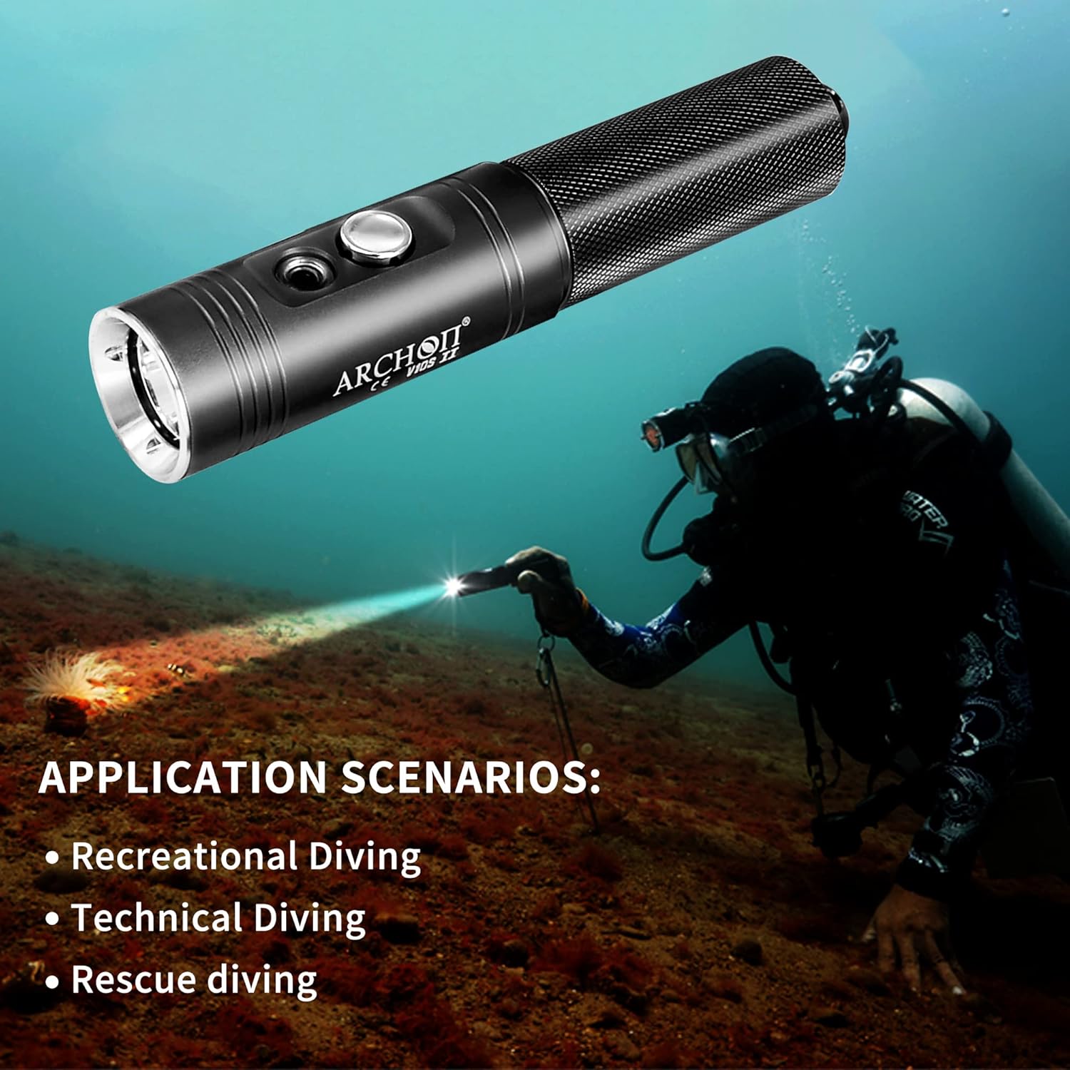 ARCHON Linterna de buceo de 1200 lúmenes, luz de buceo impermeable con indicador de potencia, haz estrecho y cargador USB, antorcha negra para