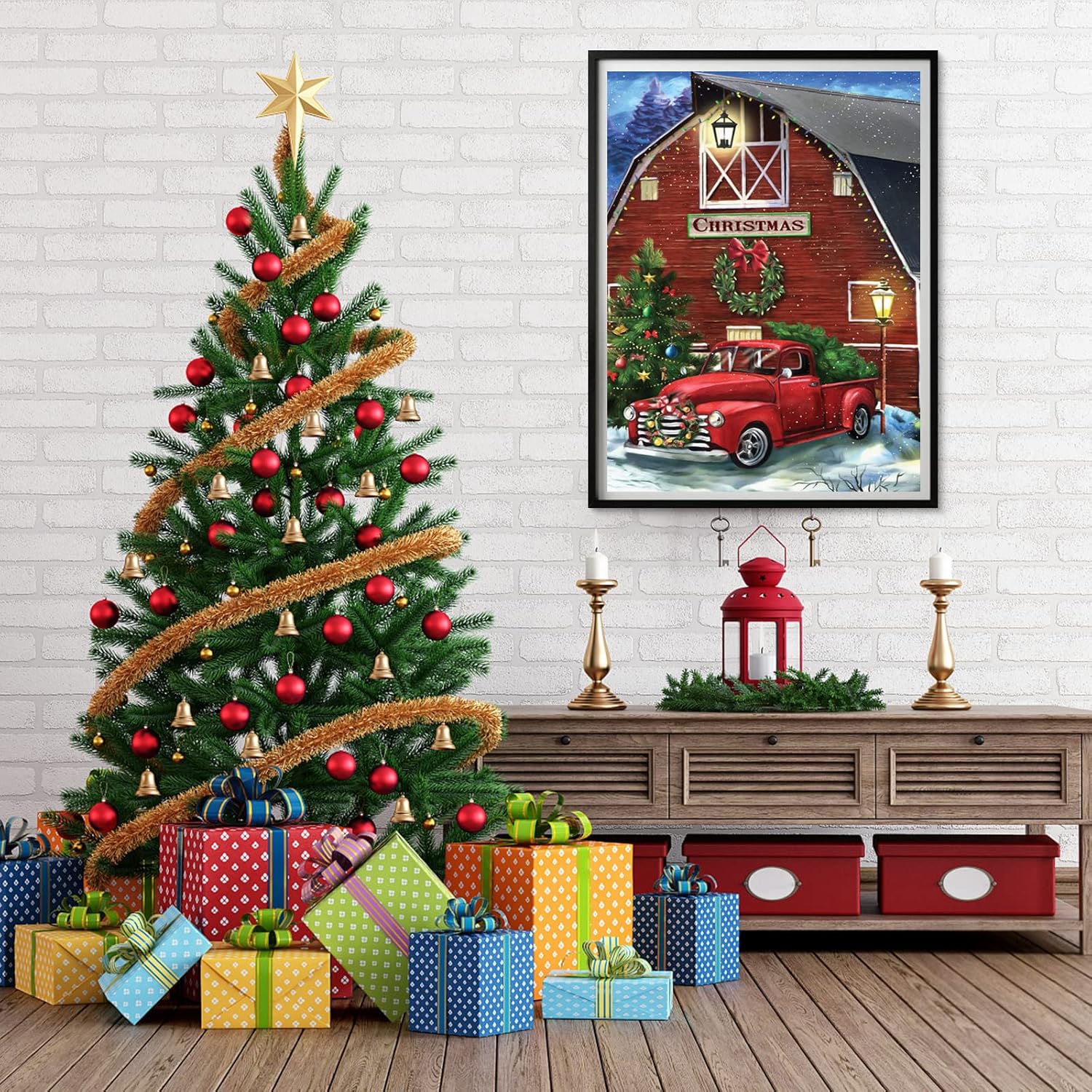 CEOVR Kit de pintura de diamantes de Navidad, kit de arte de diamantes de invierno nevado para adultos, pintura 5D de casa roja con diamante, arte